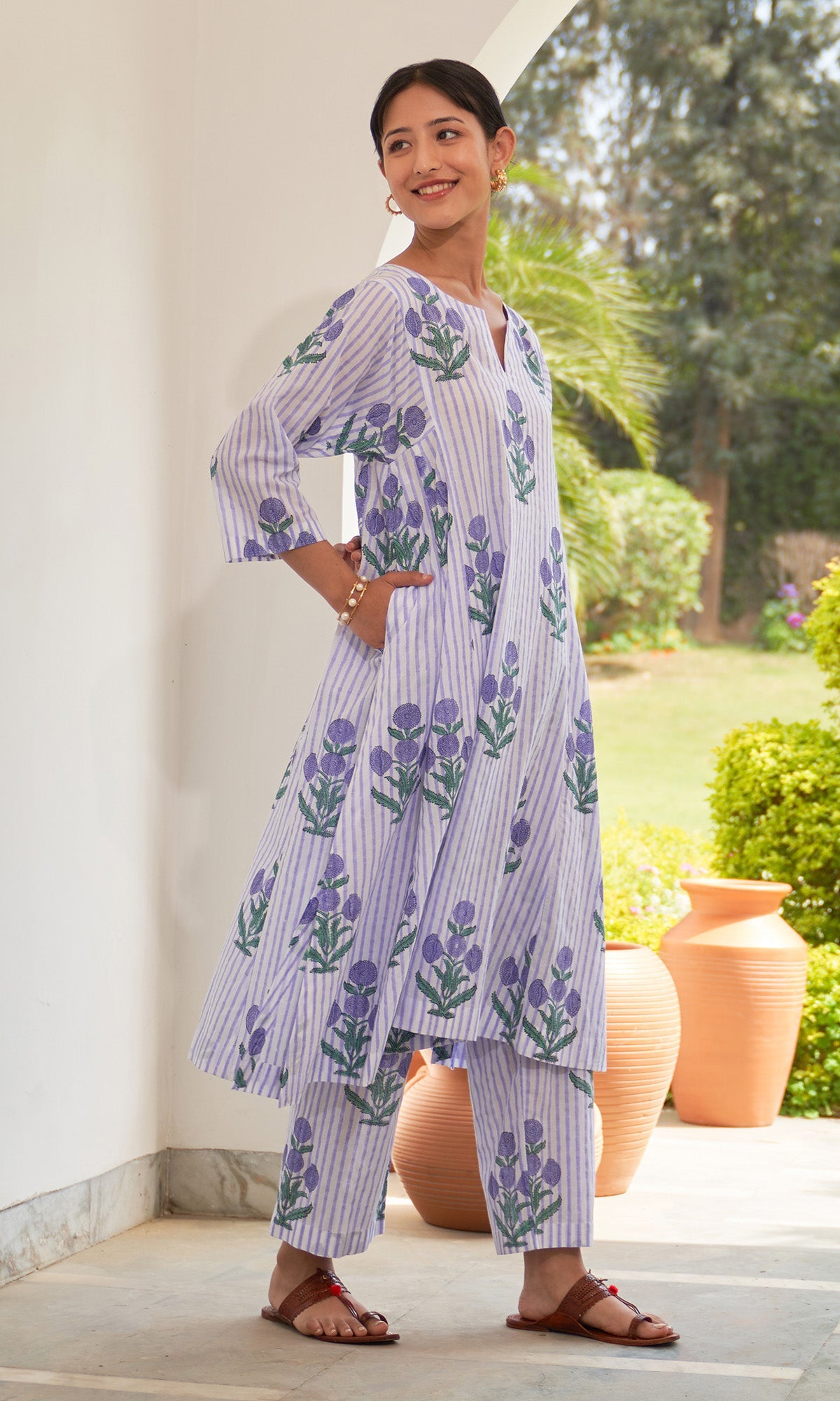 Iris Cotton Lilac Stripe Boota Choga With Palazzo (Set Of 2)
