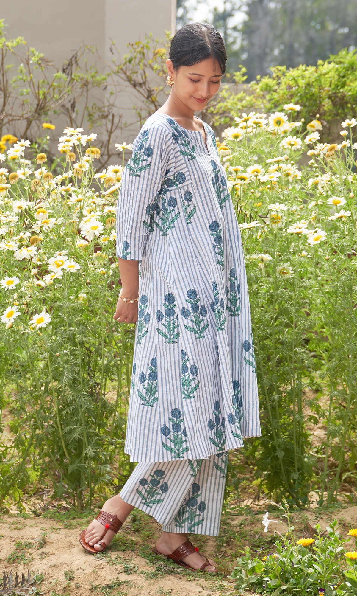 Iris Cotton Blue Stripe Boota Choga With Palazzo (Set Of 2)