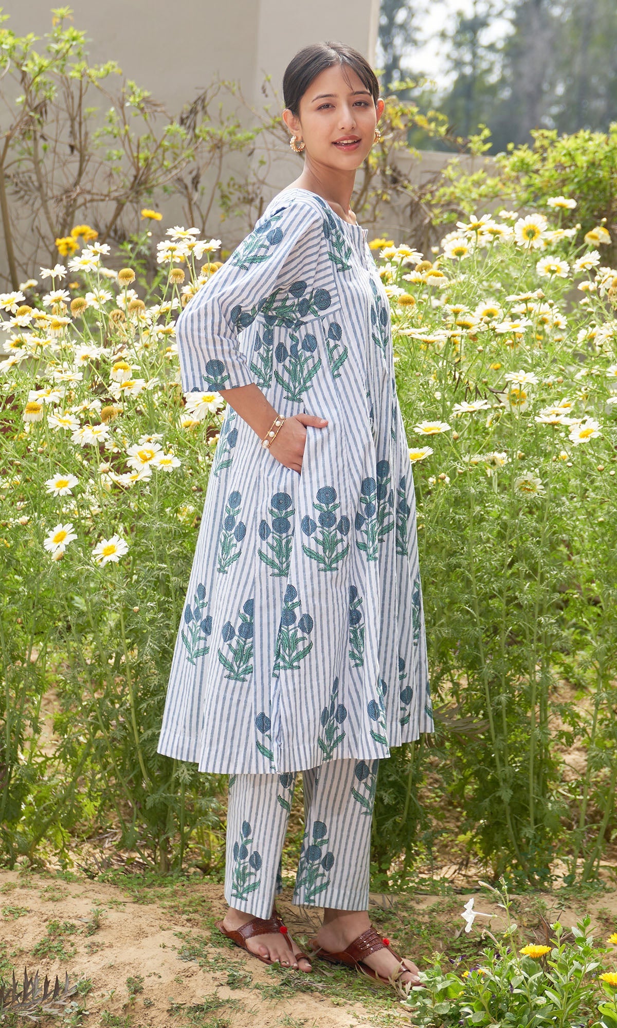 Iris Cotton Blue Stripe Boota Choga With Palazzo (Set Of 2)