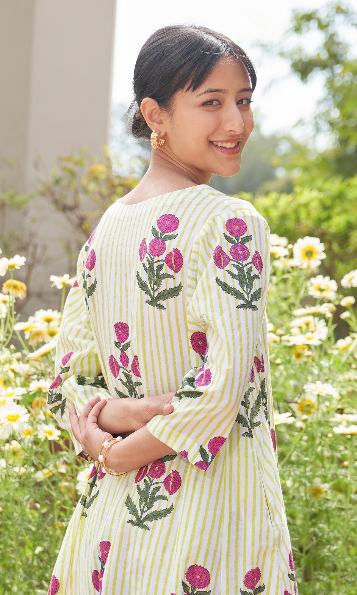 Iris Cotton Neon Green Stripe Boota Choga With Palazzo (Set Of 2)