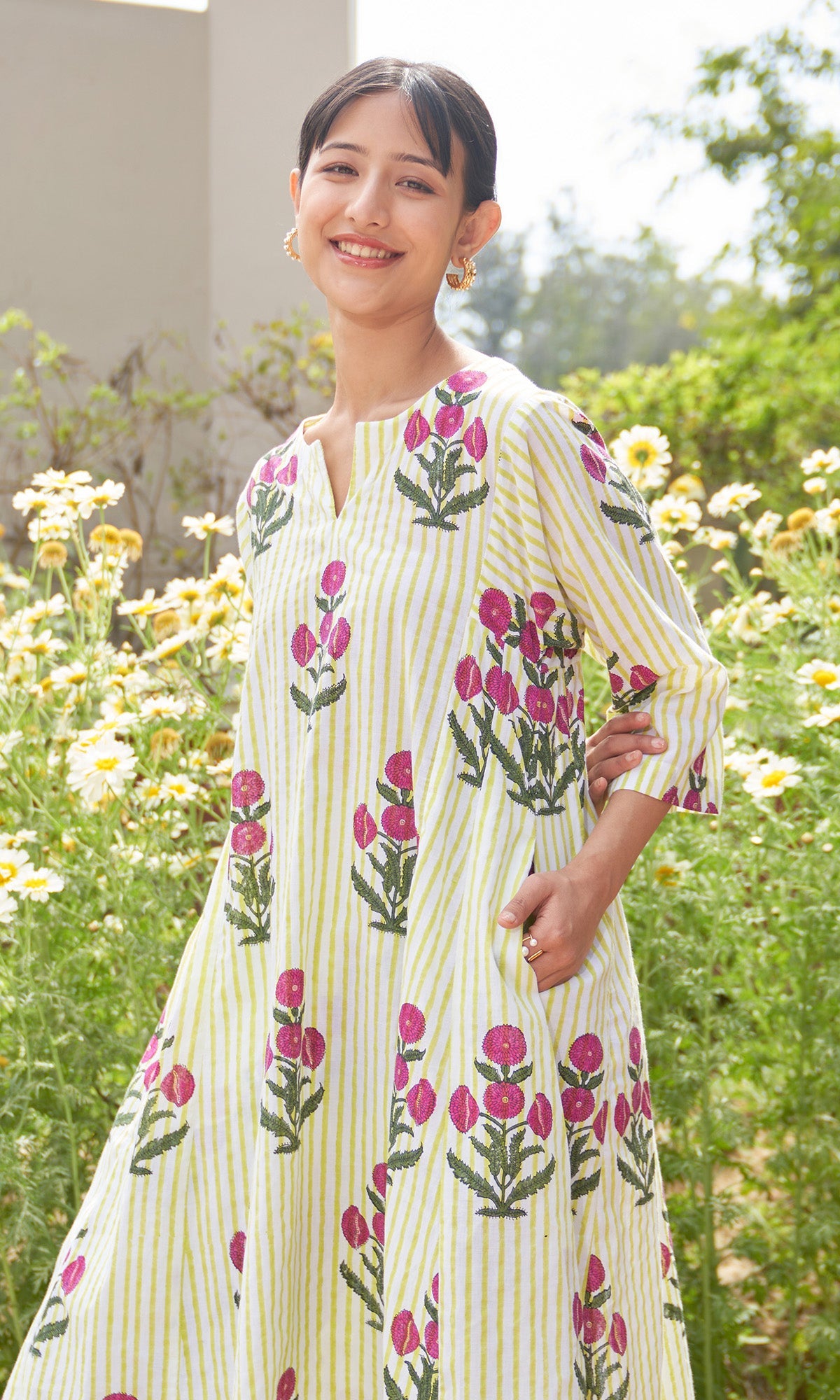 Iris Cotton Neon Green Stripe Boota Choga With Palazzo (Set Of 2)