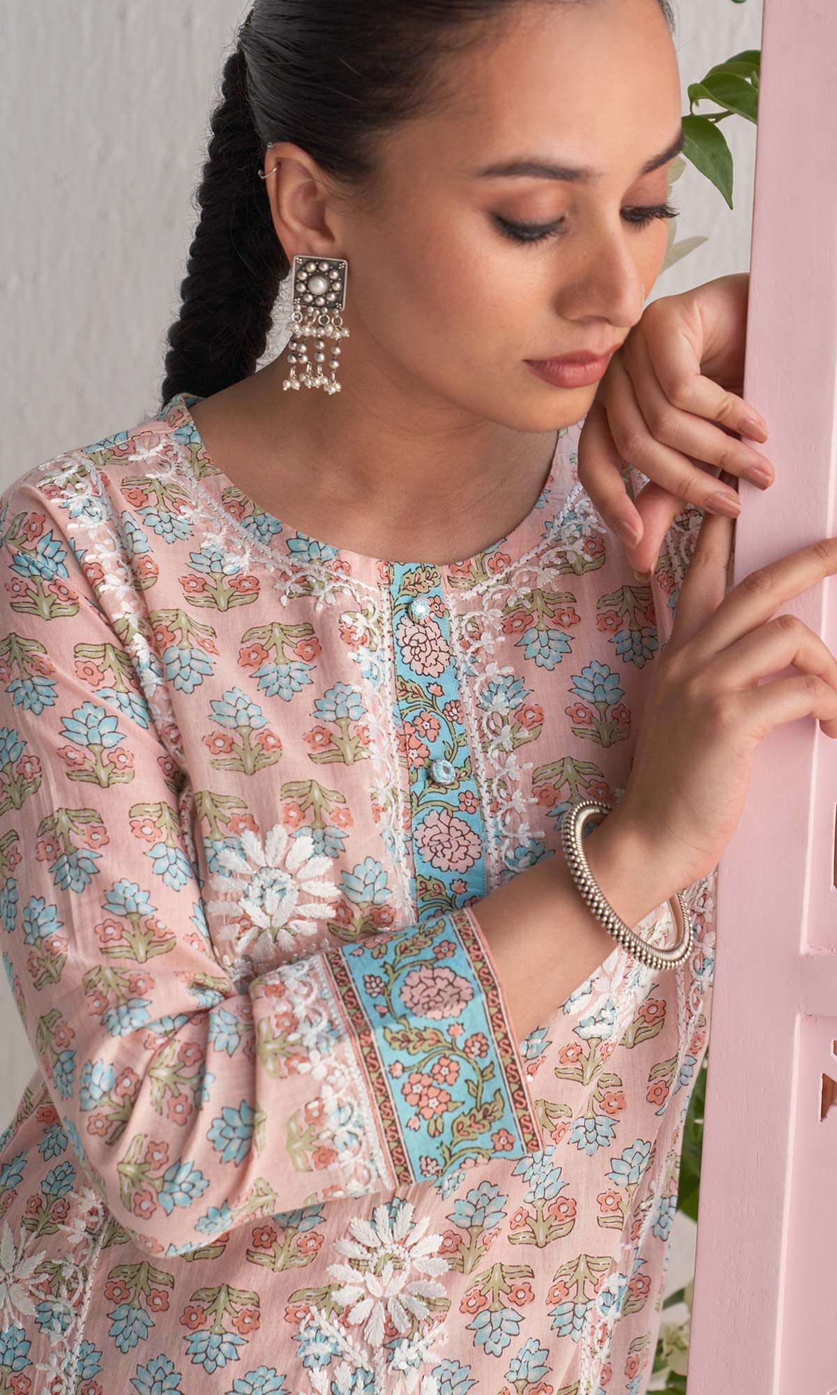 Handcrafted Chikankari Peach 2PC Kurta-Pant Set
