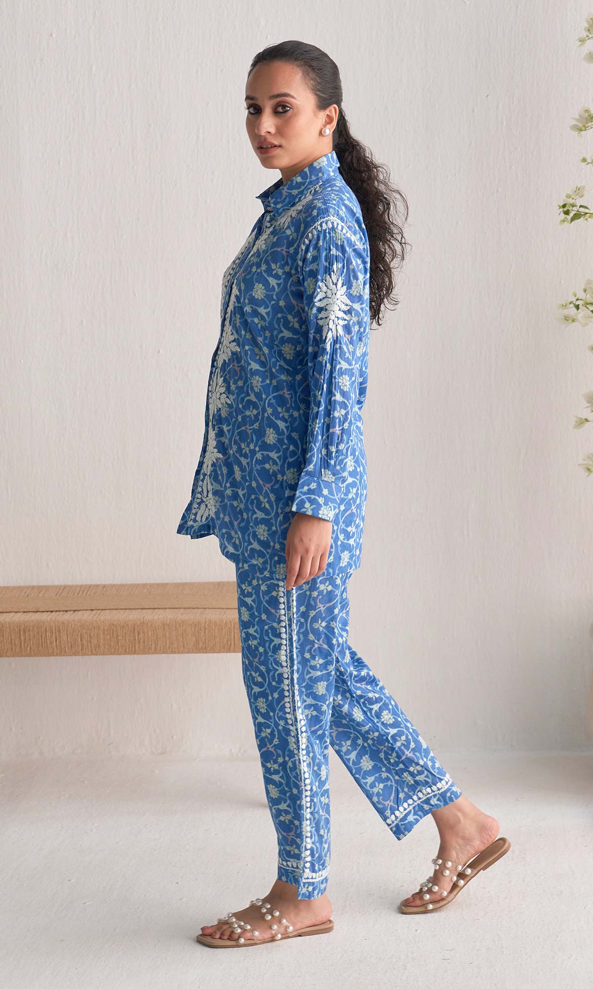 Handcrafted Chikankari Blue Printed Co-ord Set