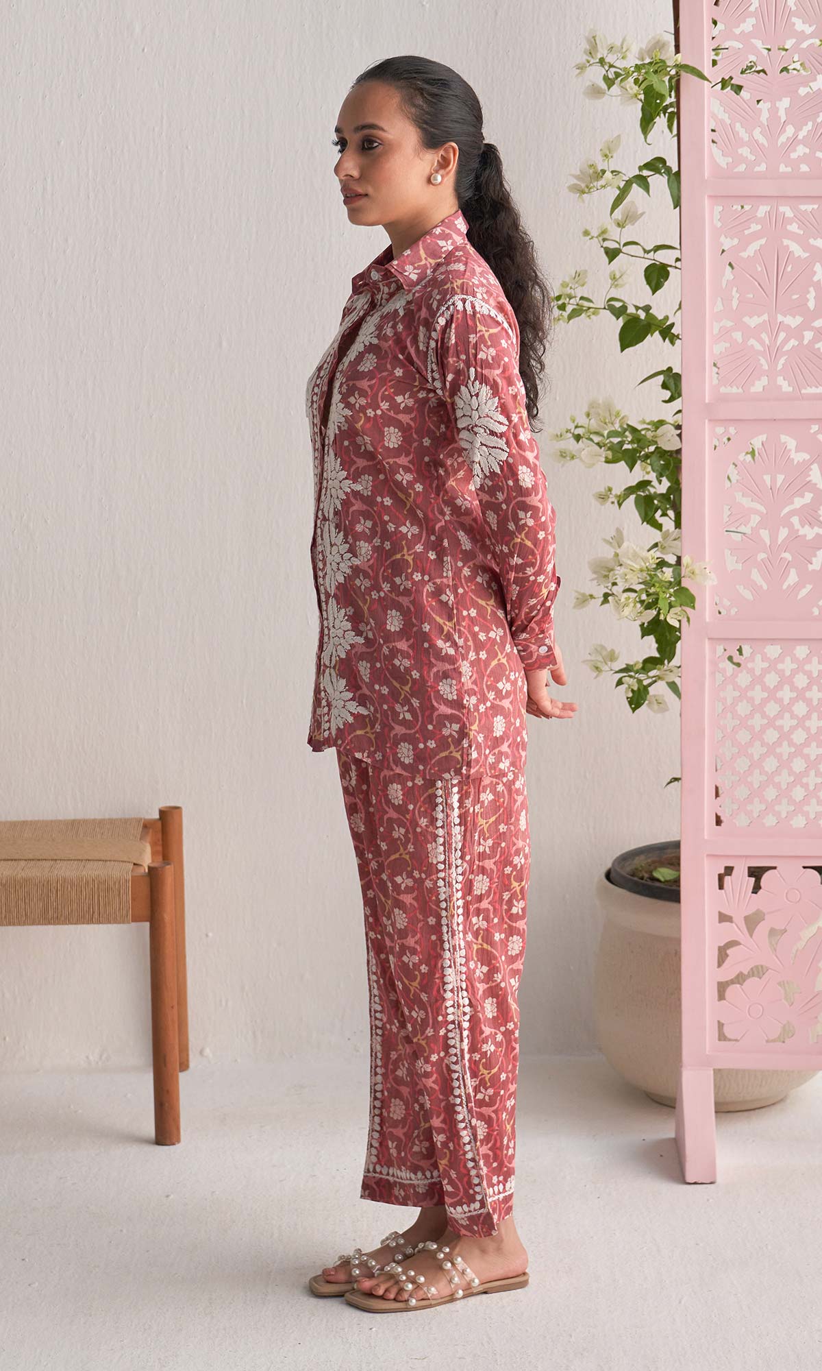 Handcrafted Chikankari Pink Printed Co-ord Set