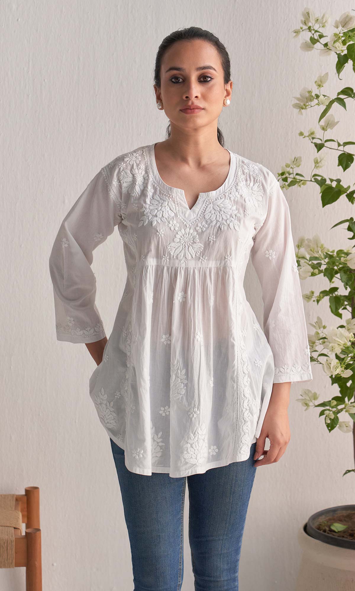 Handcrafted Chikankari White A-Line Short Kurta