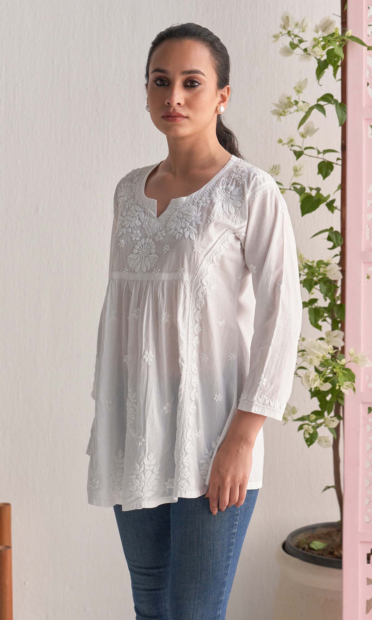 Handcrafted Chikankari White A-Line Short Kurta