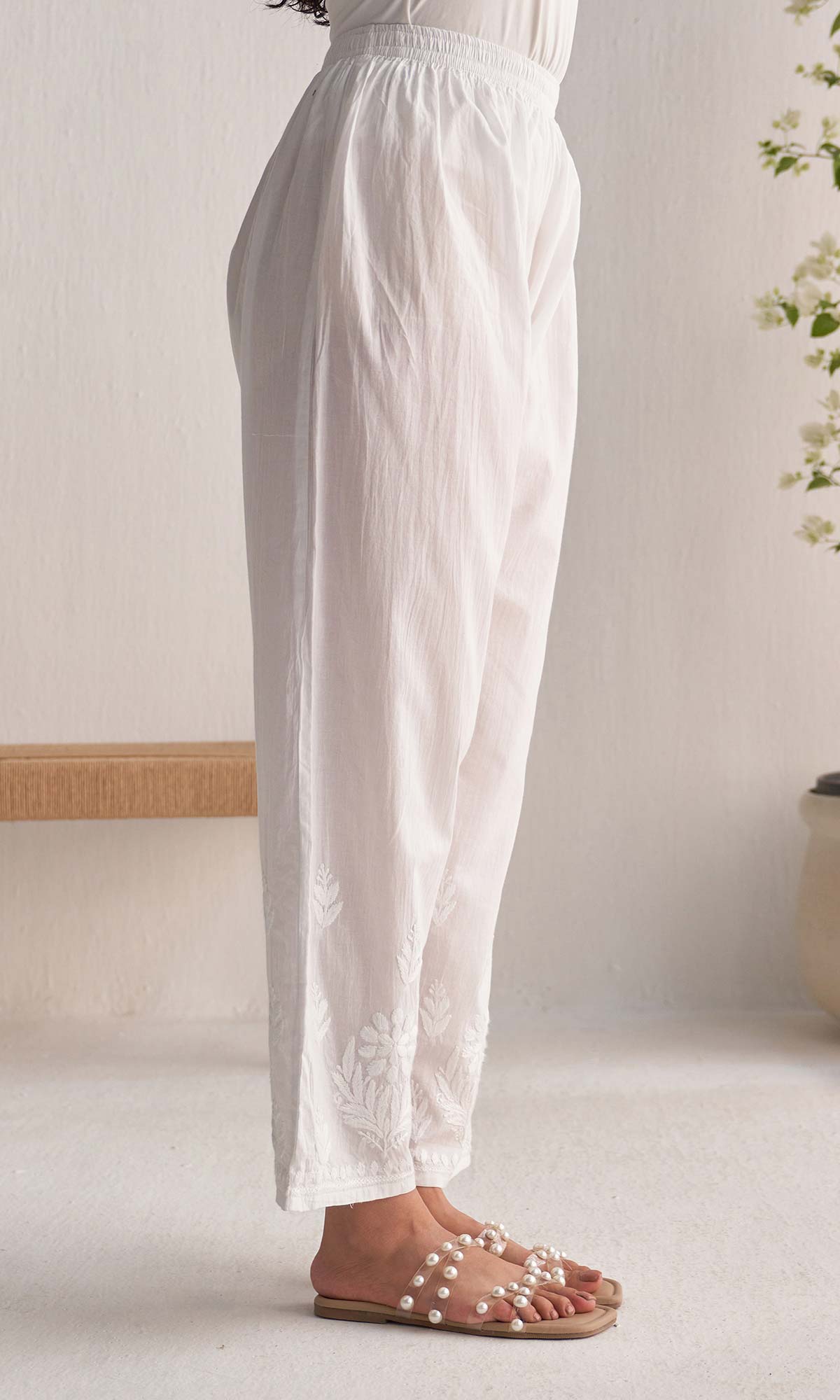 Handcrafted Chikankari White Straight Pants