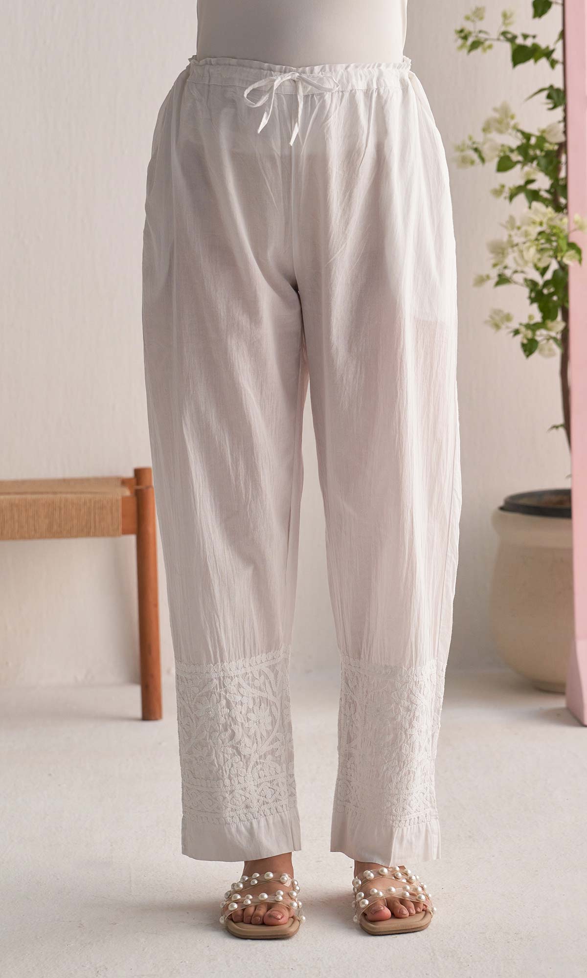 Handcrafted Chikankari White Straight Palazzo