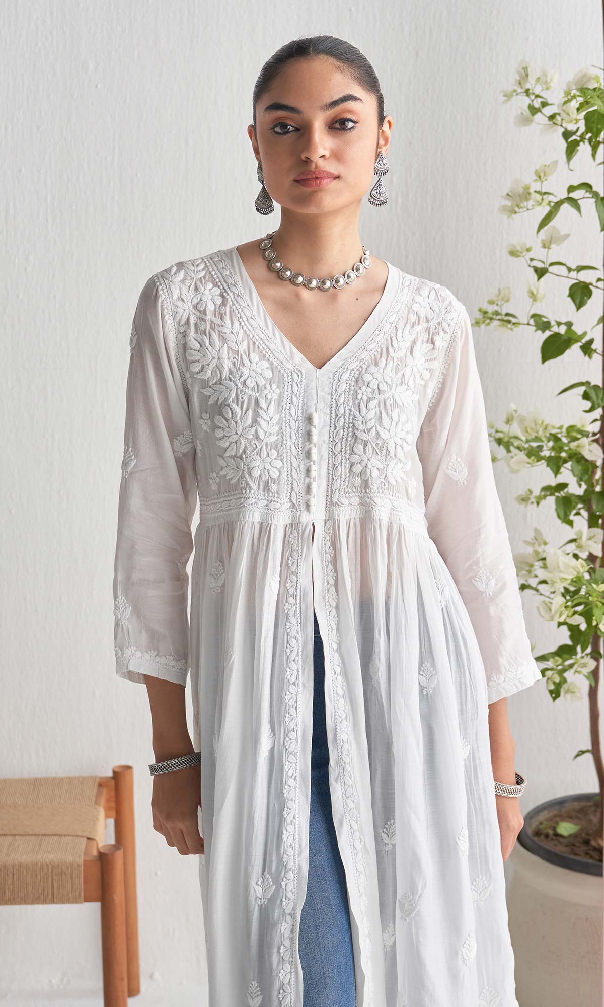 Handcrafted Chikankari White A-Line Front Open Yoke Kurta