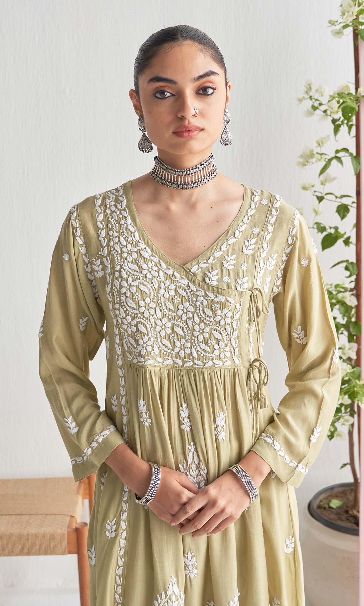 Handcrafted Chikankari Green Angrakha
