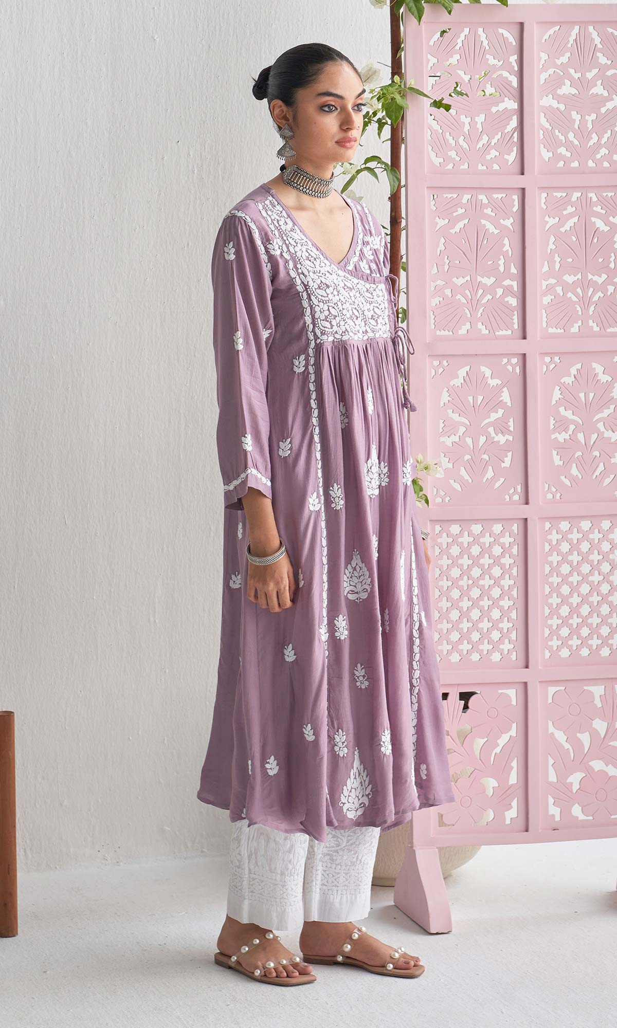 Handcrafted Chikankari Purple Angrakha