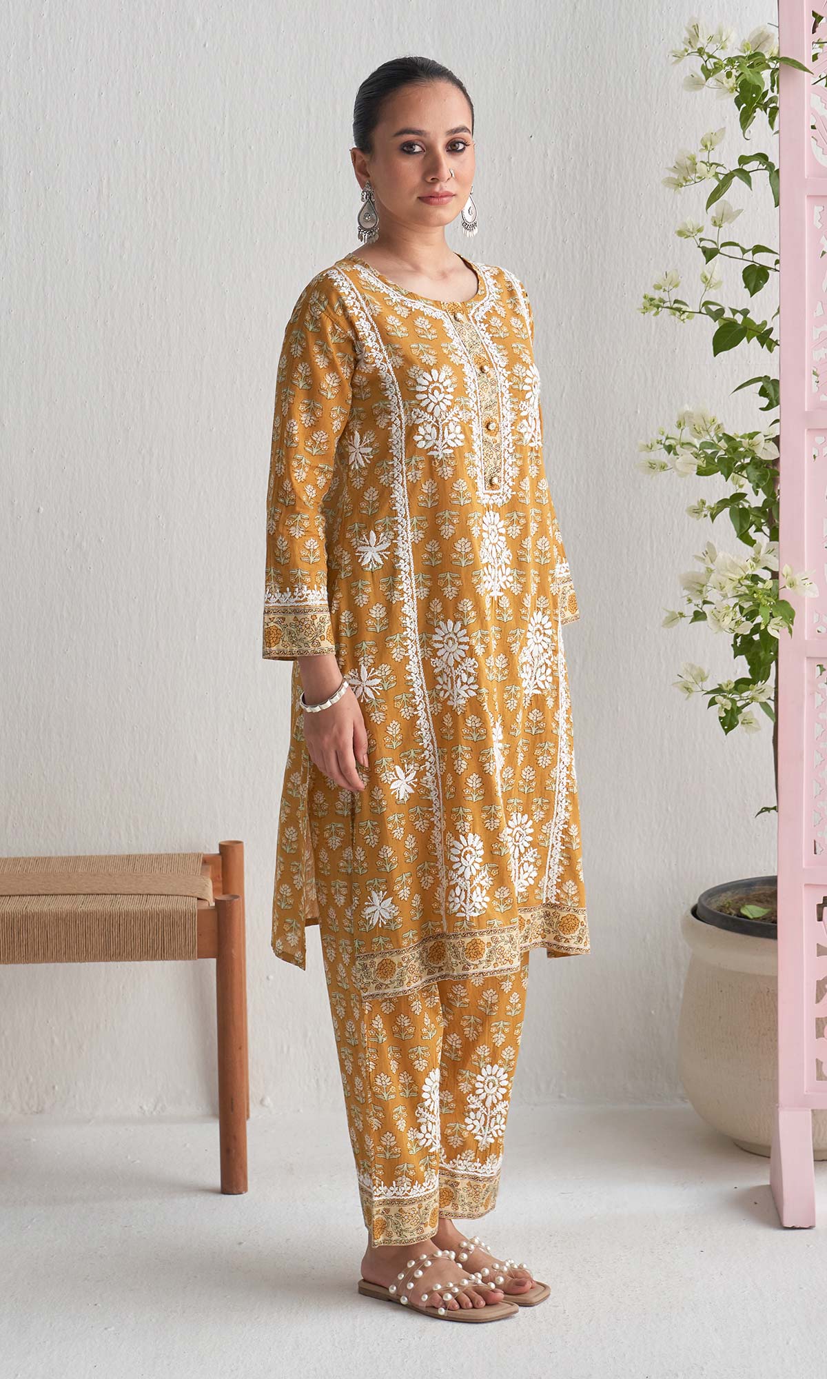 Handcrafted Chikankari Mustard 2PC Kurta-Pant Set
