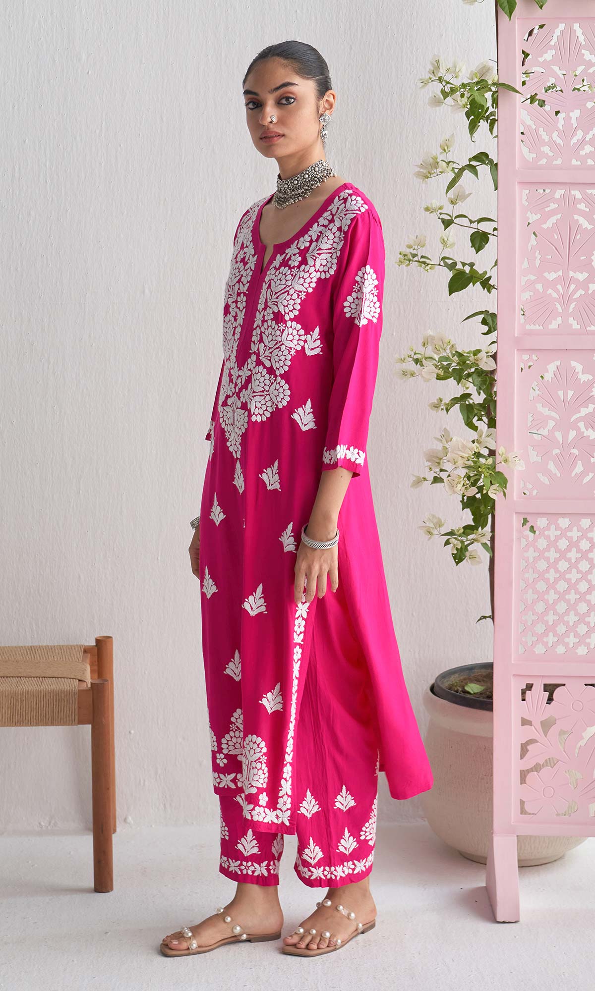 Handcrafted Chikankari Pink 2Pc Kurta-Palazzo Set