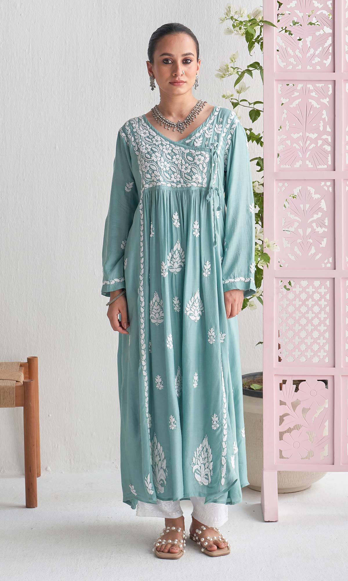 Handcrafted Chikankari Green Angrakha