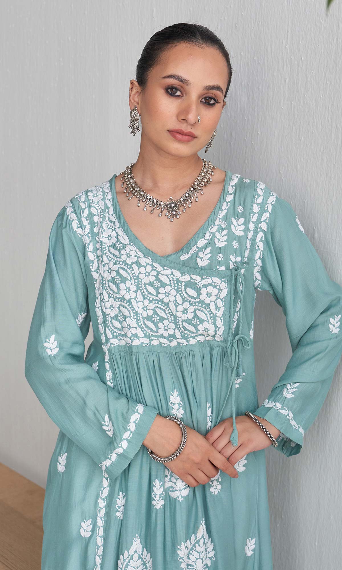 Handcrafted Chikankari Green Angrakha