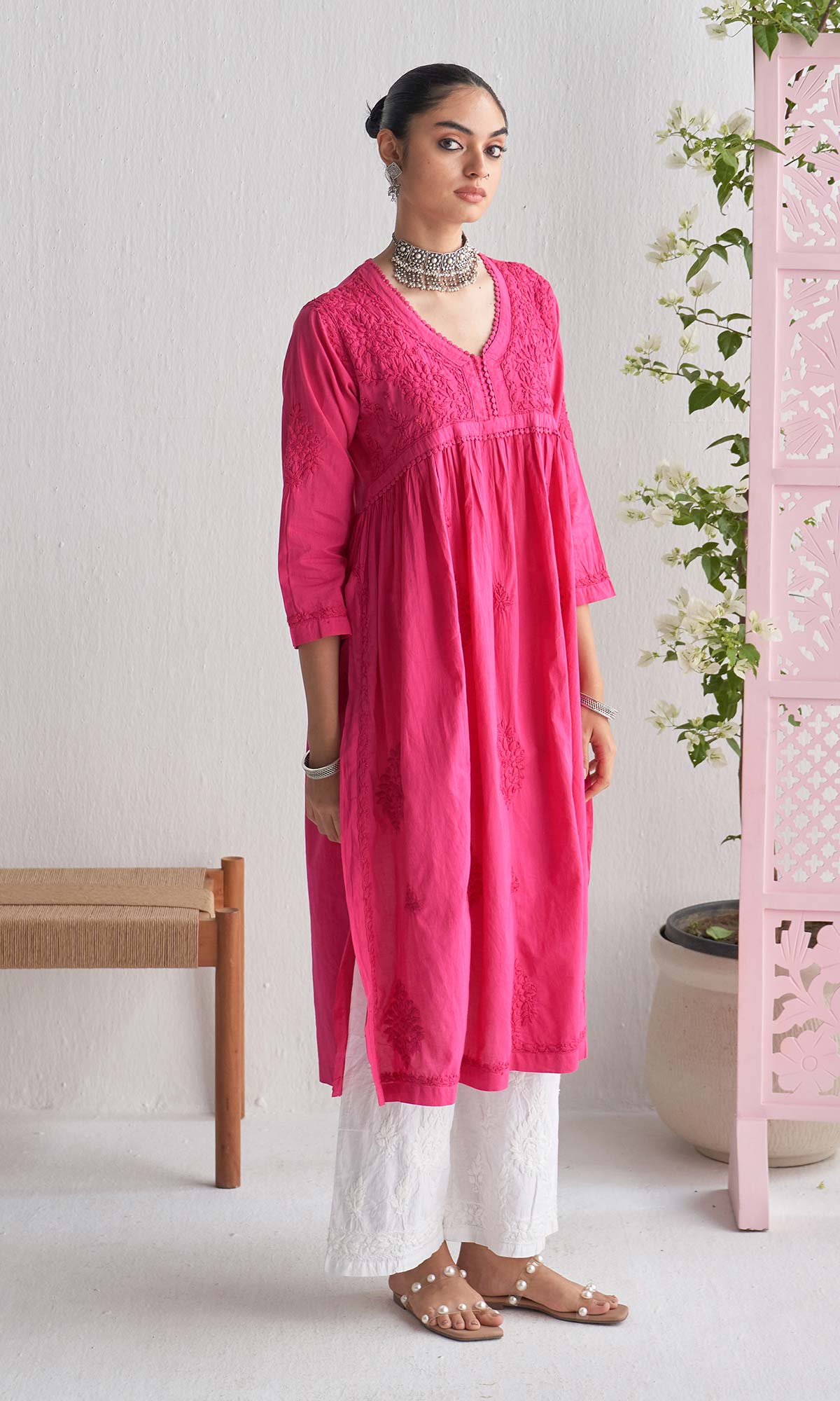 Handcrafted Chikankari Pink A-Line Short Yoke Kurta