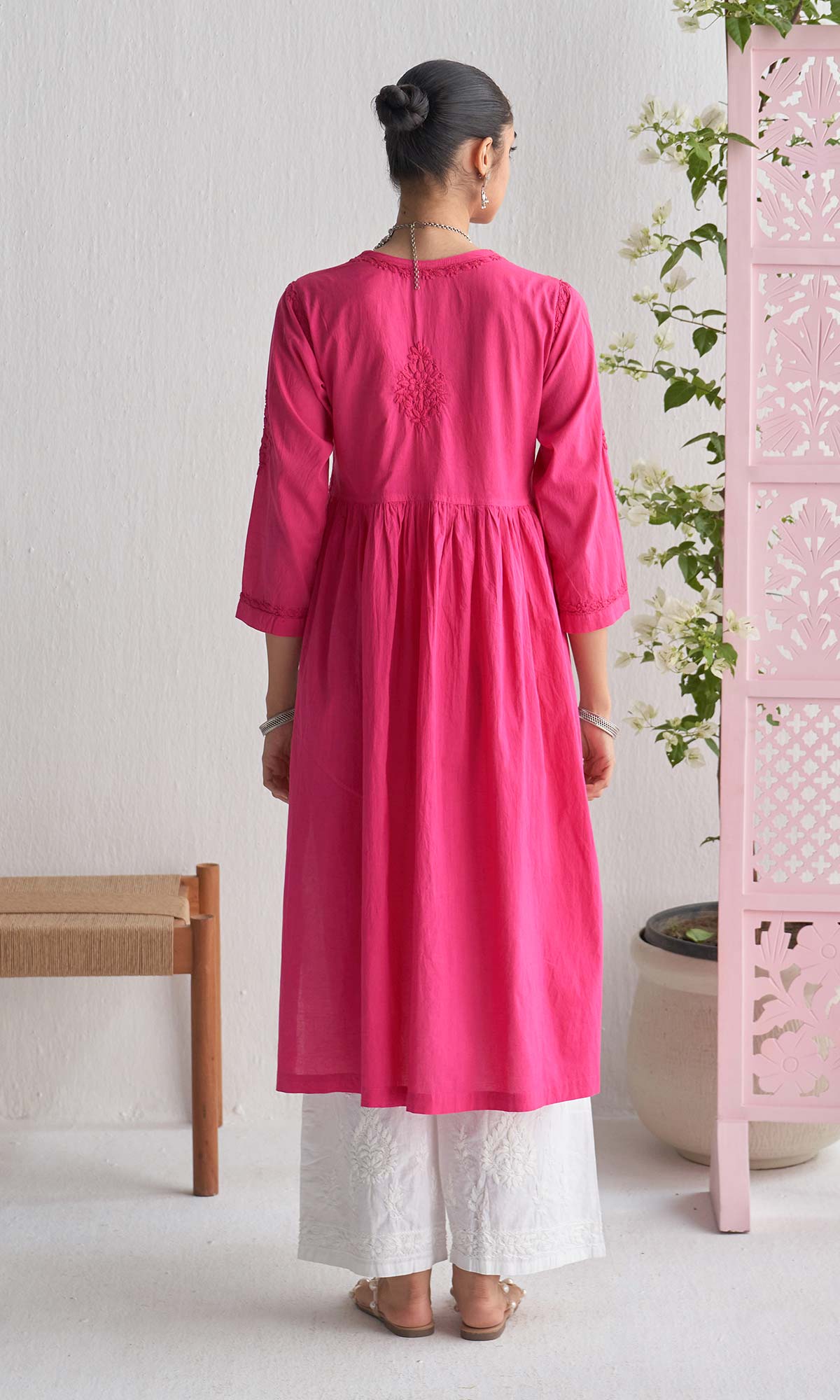 Handcrafted Chikankari Pink A-Line Short Yoke Kurta