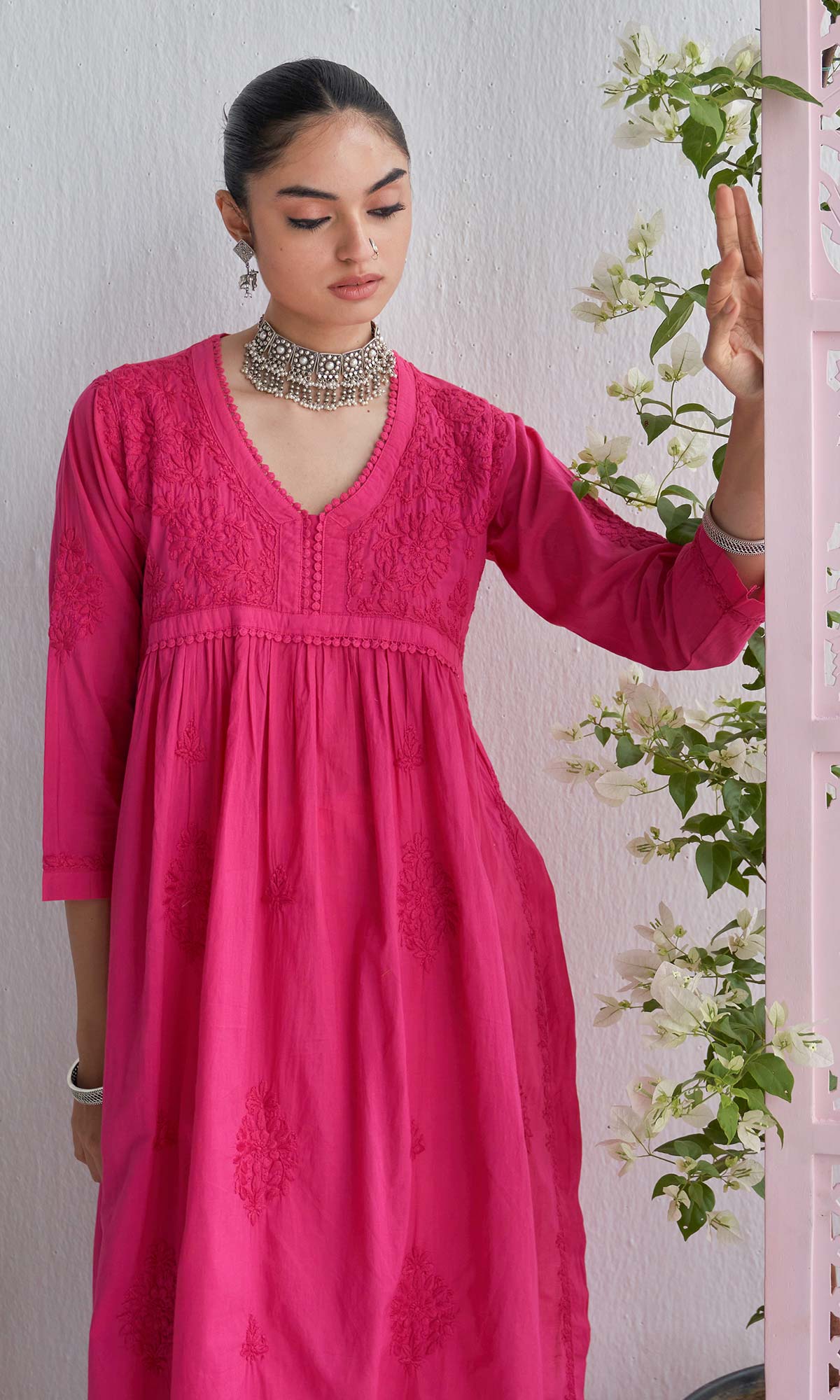 Handcrafted Chikankari Pink A-Line Short Yoke Kurta