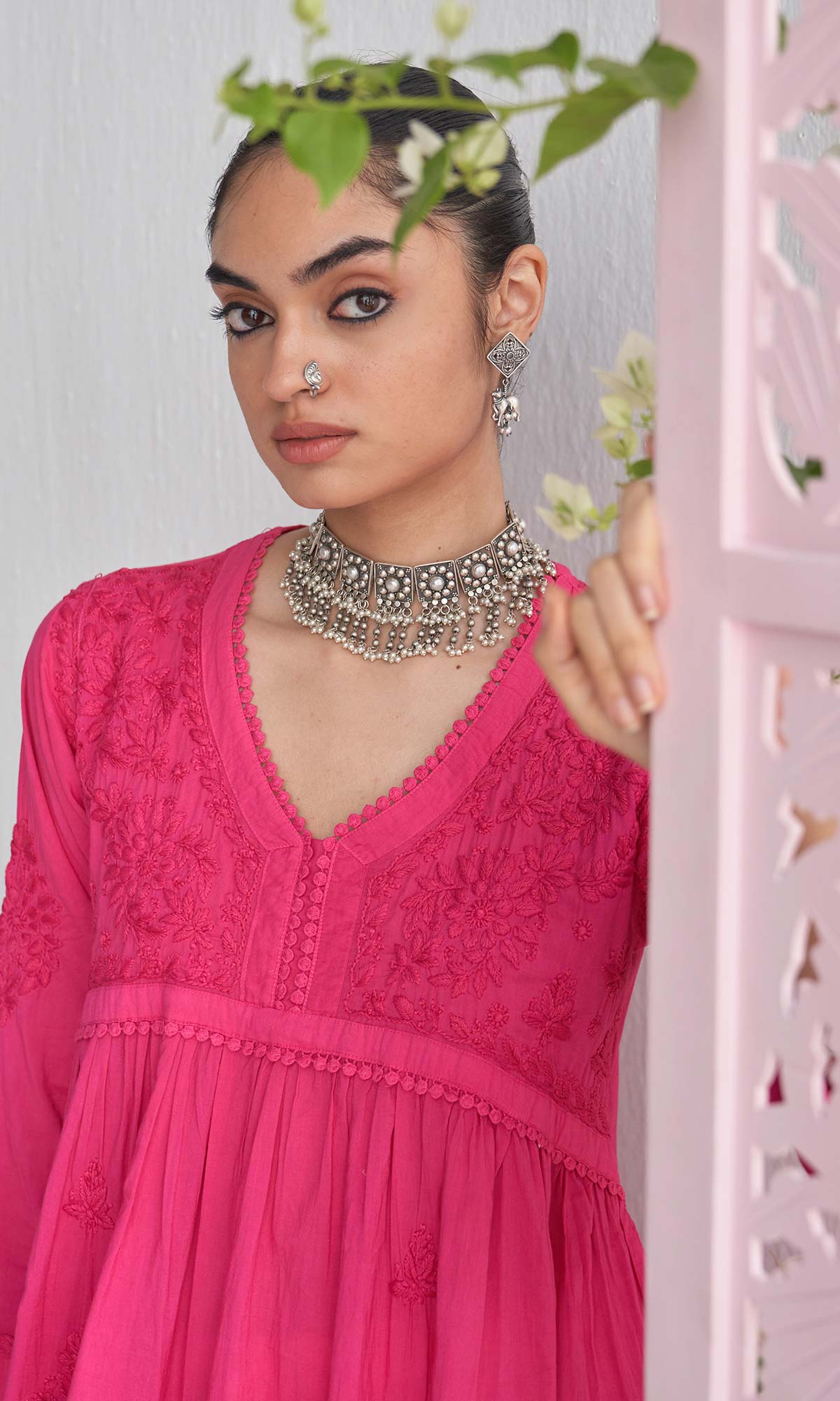 Handcrafted Chikankari Pink A-Line Short Yoke Kurta