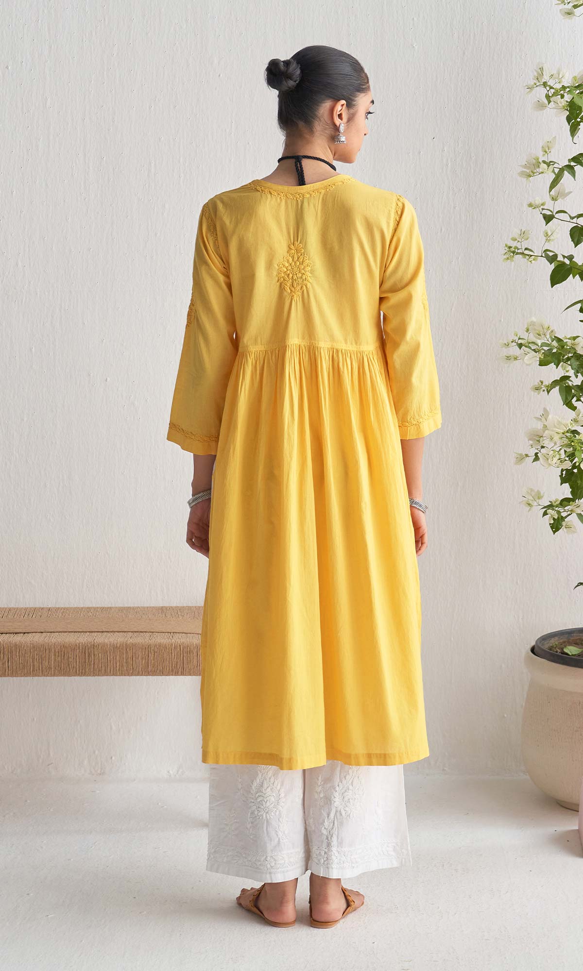 Handcrafted Chikankari Yellow A-Line Short Yoke Kurta