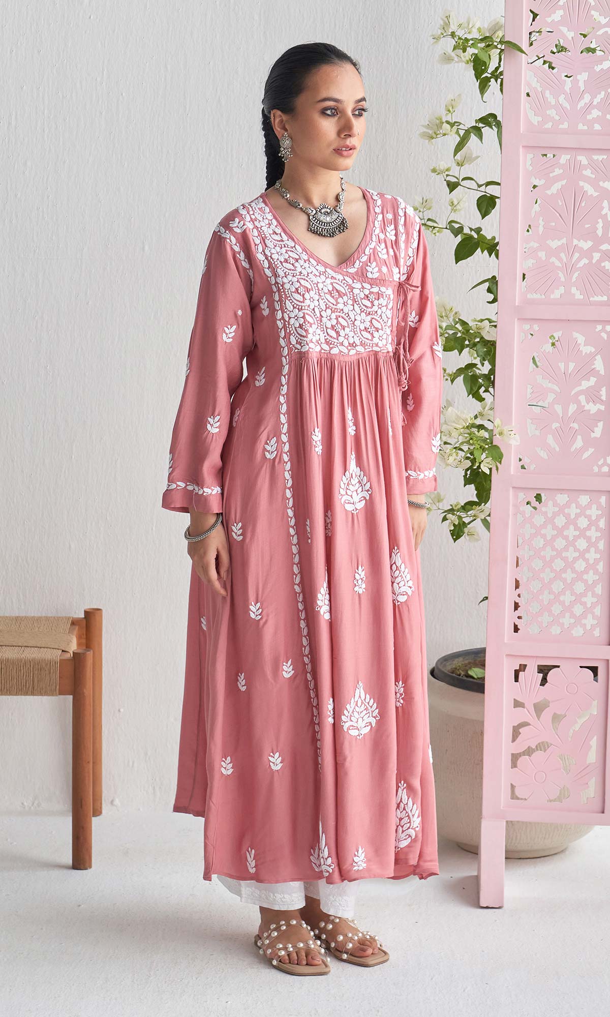 Handcrafted Chikankari Pink Angrakha