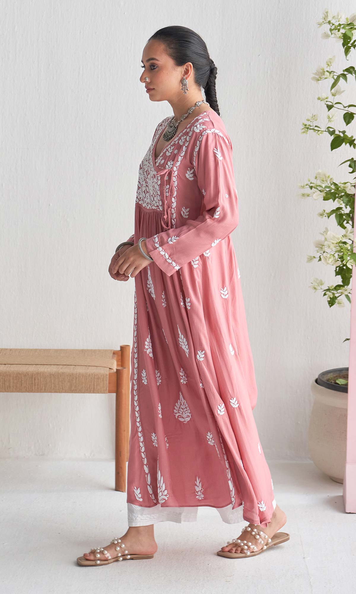 Handcrafted Chikankari Pink Angrakha