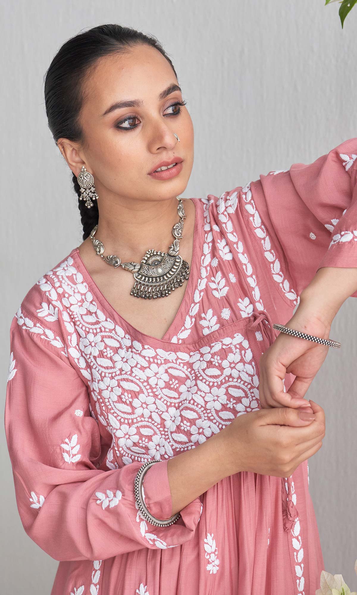 Handcrafted Chikankari Pink Angrakha