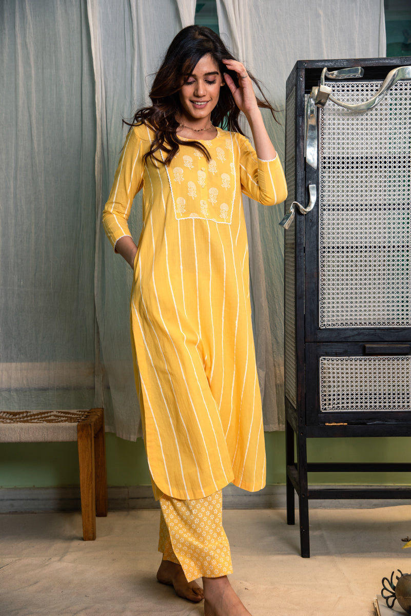 RIDHI SURI DAISY SUNSHINE YELLOW KURTA WITH PALAZZO - SET OF 2