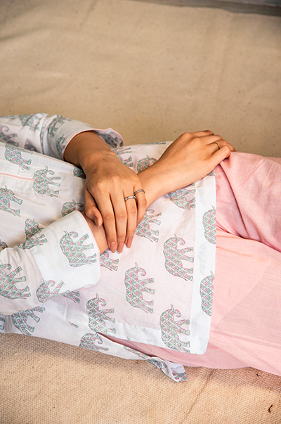 RIDHI SURI DAISY PINK GREEN ELEPHANT PRINTED KURTA WITH SOLID PYJAMA-SET OF 2