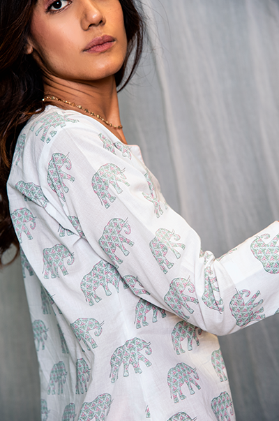 RIDHI SURI DAISY PINK GREEN ELEPHANT PRINTED KURTA WITH SOLID PYJAMA-SET OF 2