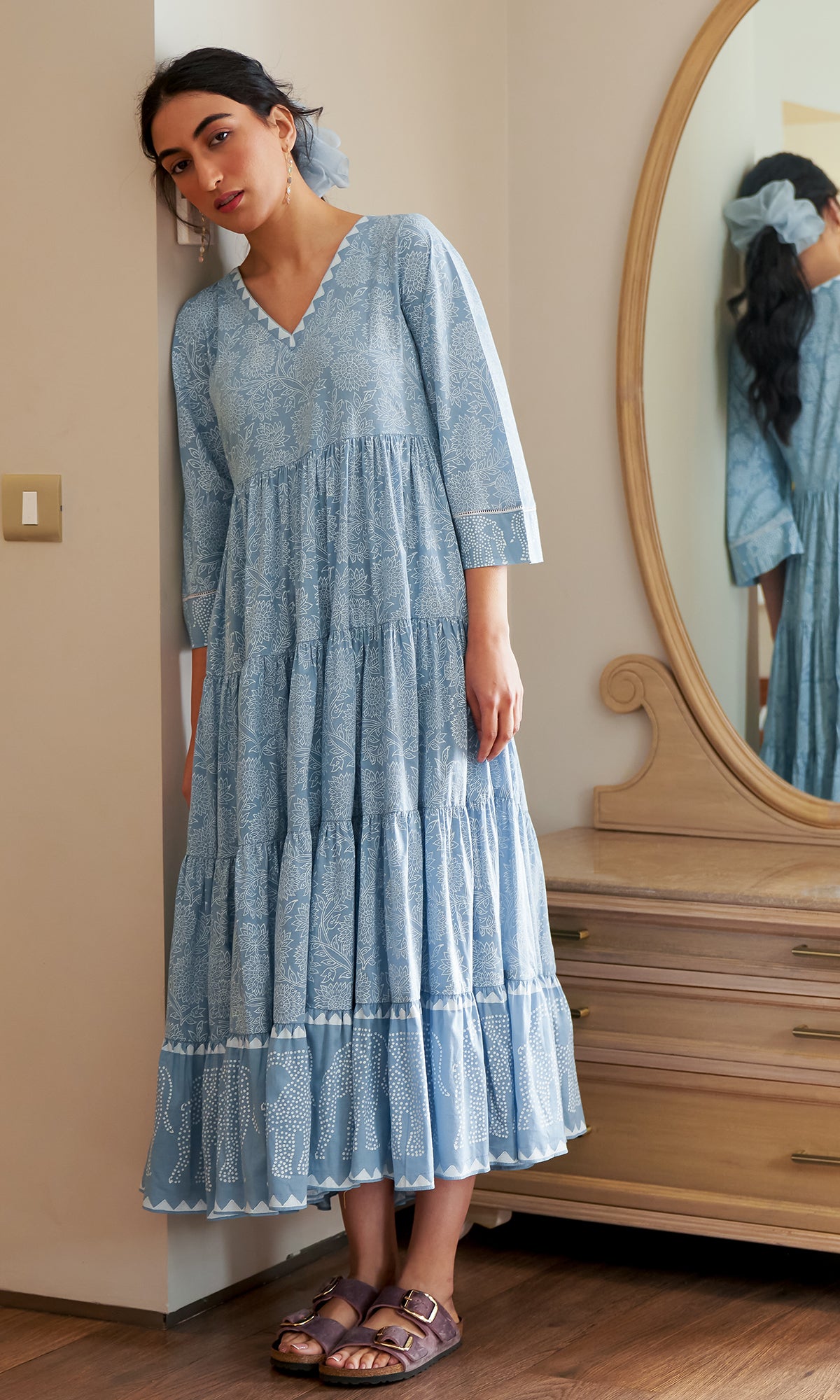 DAISY 2 ELEPHANT PRINT POWDER BLUE TIERED DRESS