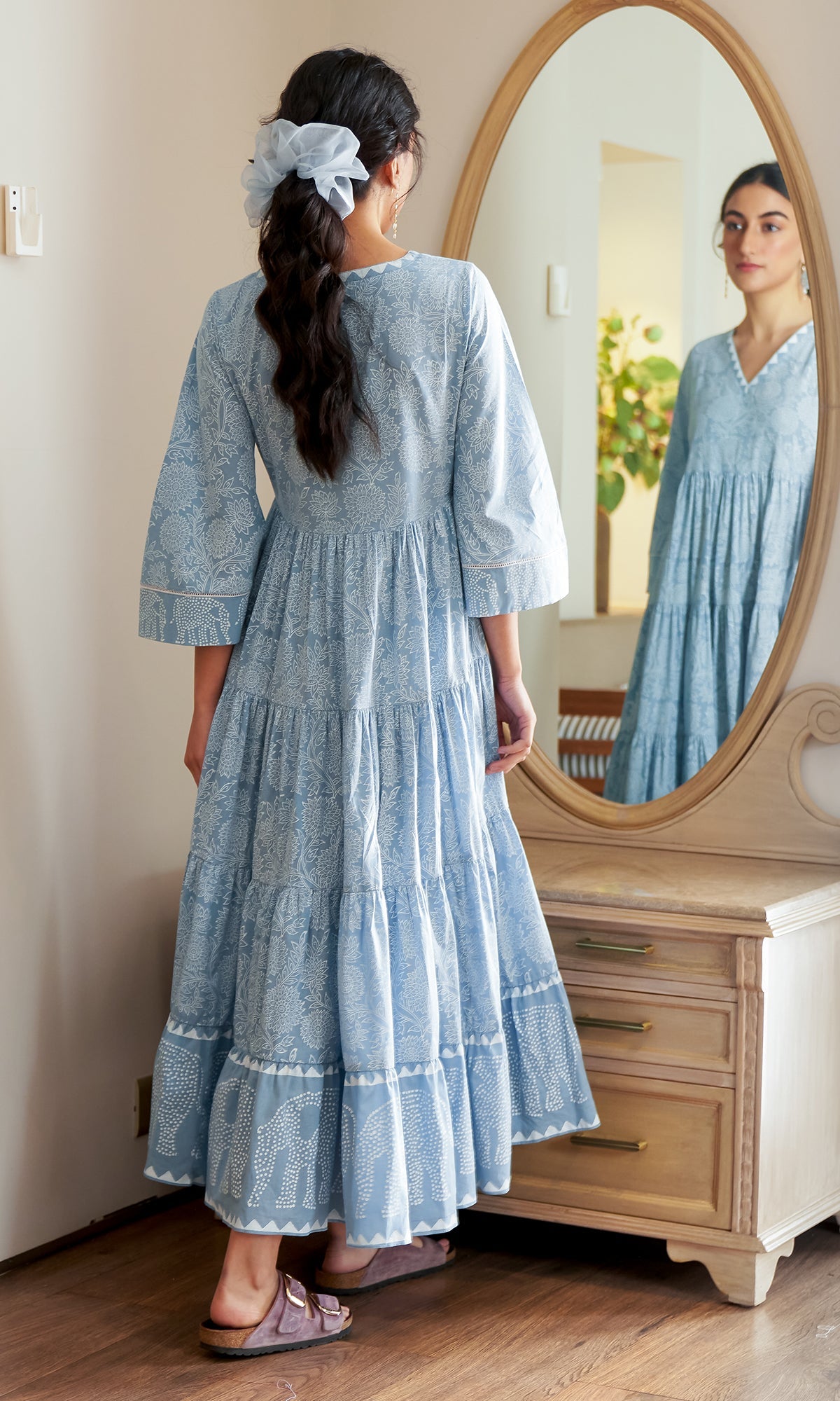 DAISY 2 ELEPHANT PRINT POWDER BLUE TIERED DRESS