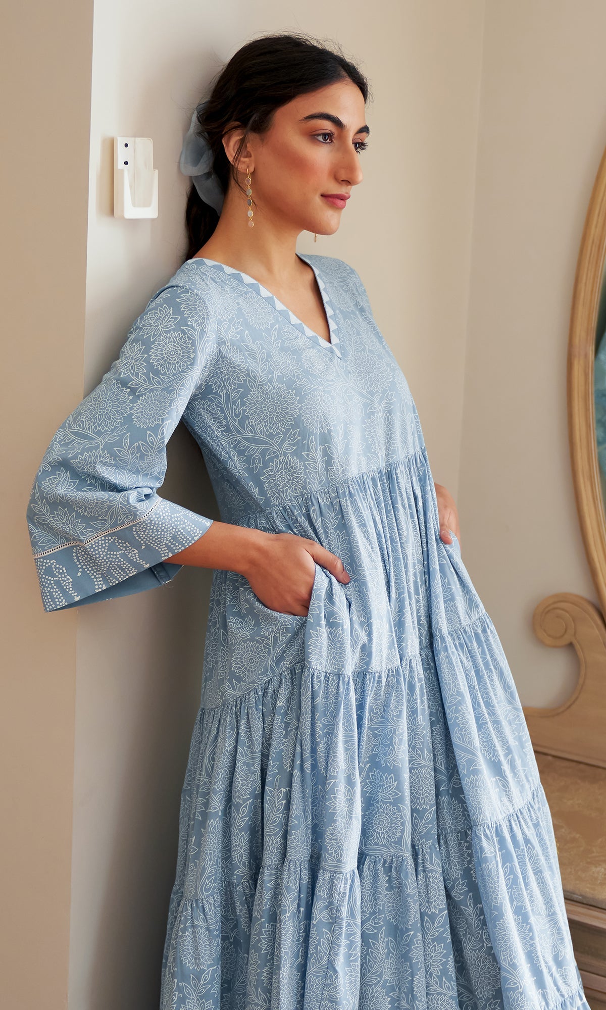 DAISY 2 ELEPHANT PRINT POWDER BLUE TIERED DRESS