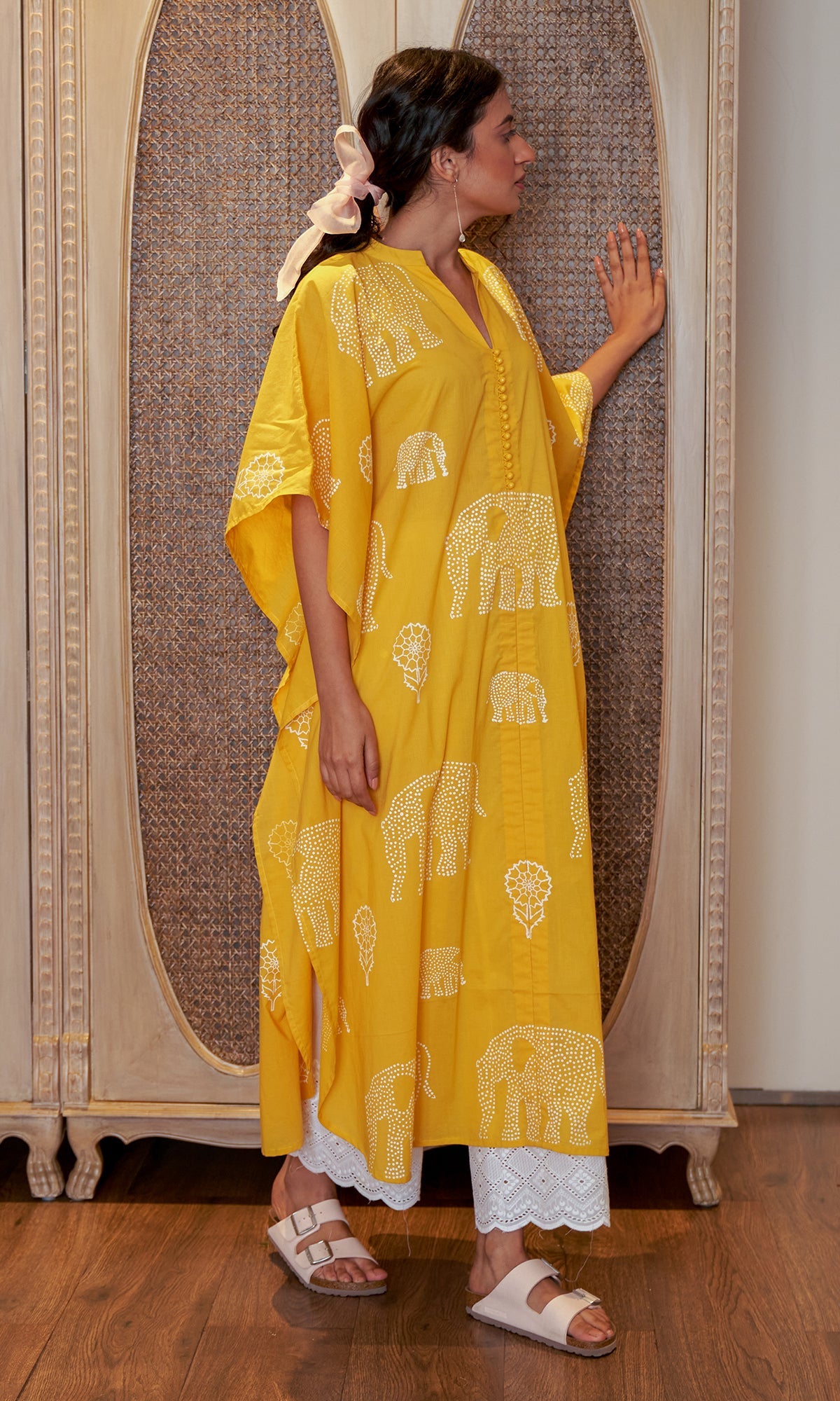DAISY 2 ELEPHANT MUSTARD YELLOW PRINT KAFTAN WITH SCHIFFLI PALAZZO  - SET OF 2