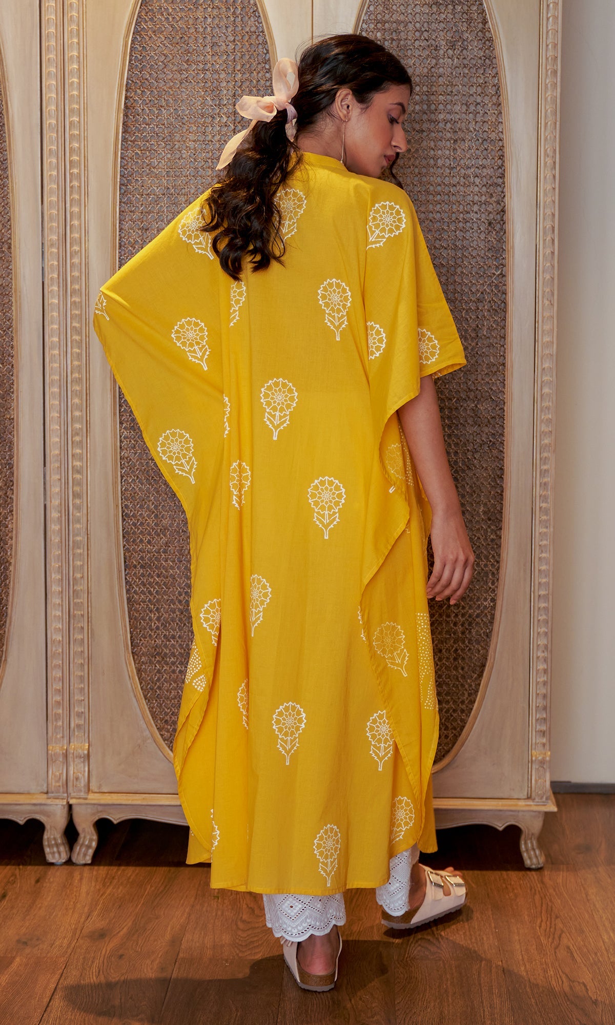 DAISY 2 ELEPHANT MUSTARD YELLOW PRINT KAFTAN WITH SCHIFFLI PALAZZO  - SET OF 2
