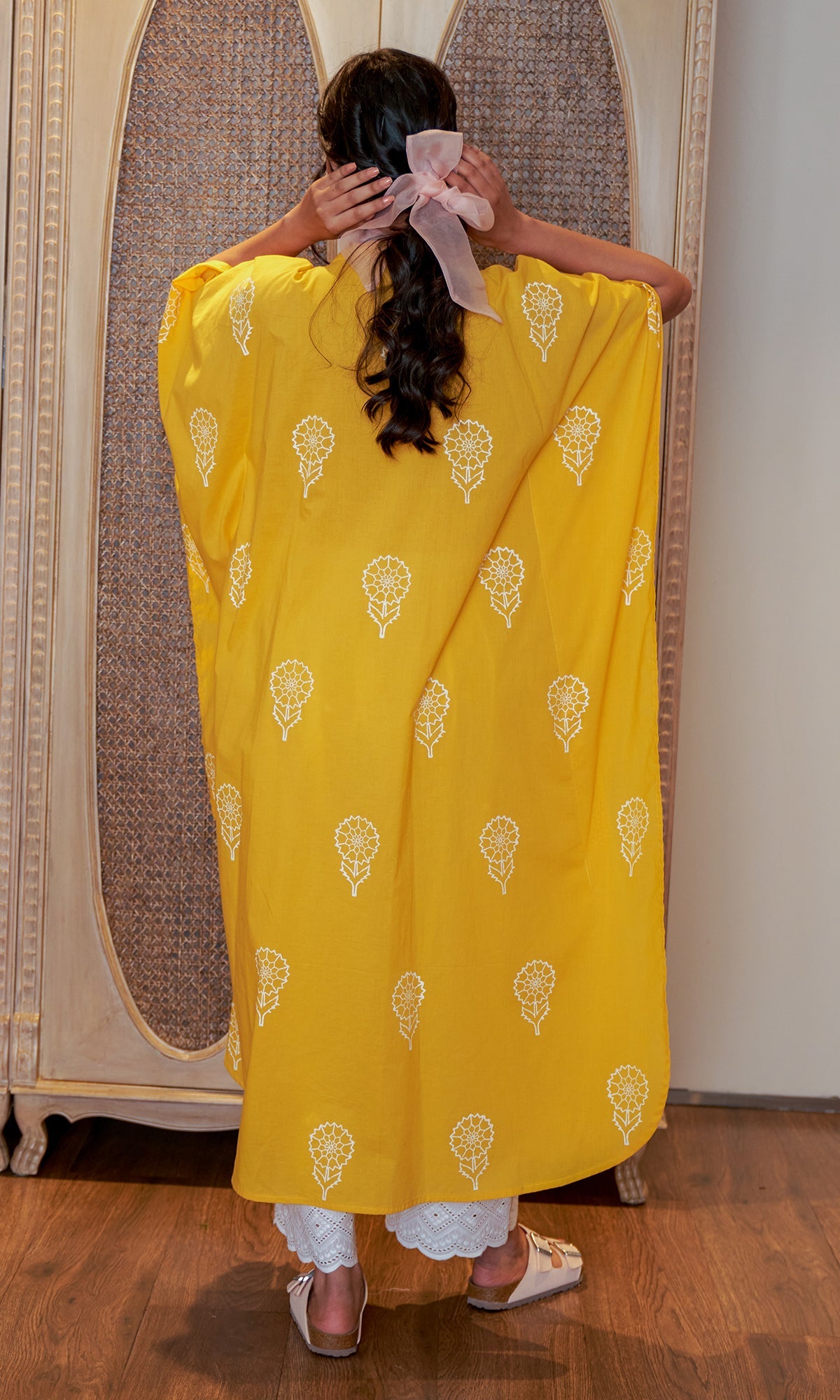 DAISY 2 ELEPHANT MUSTARD YELLOW PRINT KAFTAN WITH SCHIFFLI PALAZZO  - SET OF 2
