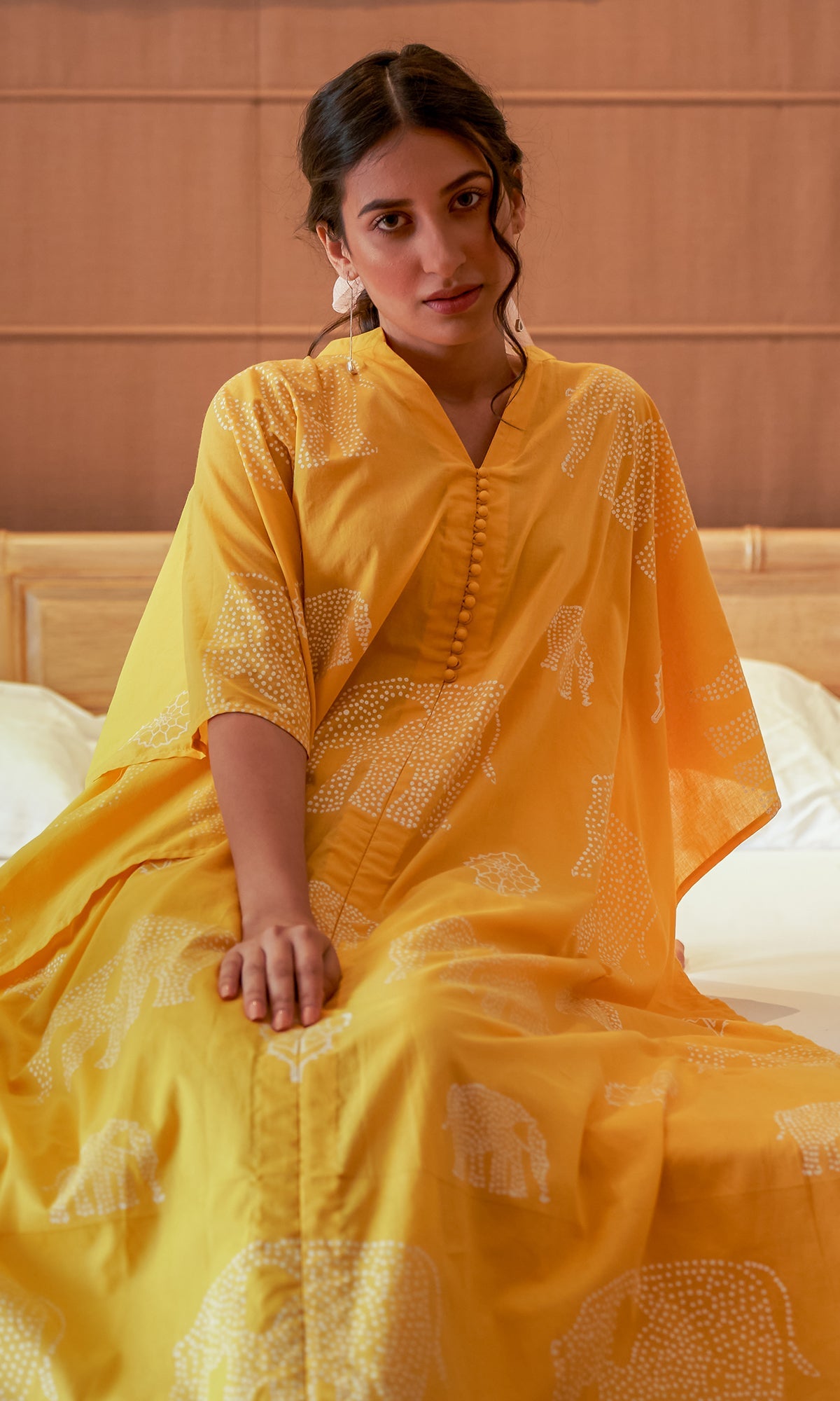DAISY 2 ELEPHANT MUSTARD YELLOW PRINT KAFTAN WITH SCHIFFLI PALAZZO  - SET OF 2
