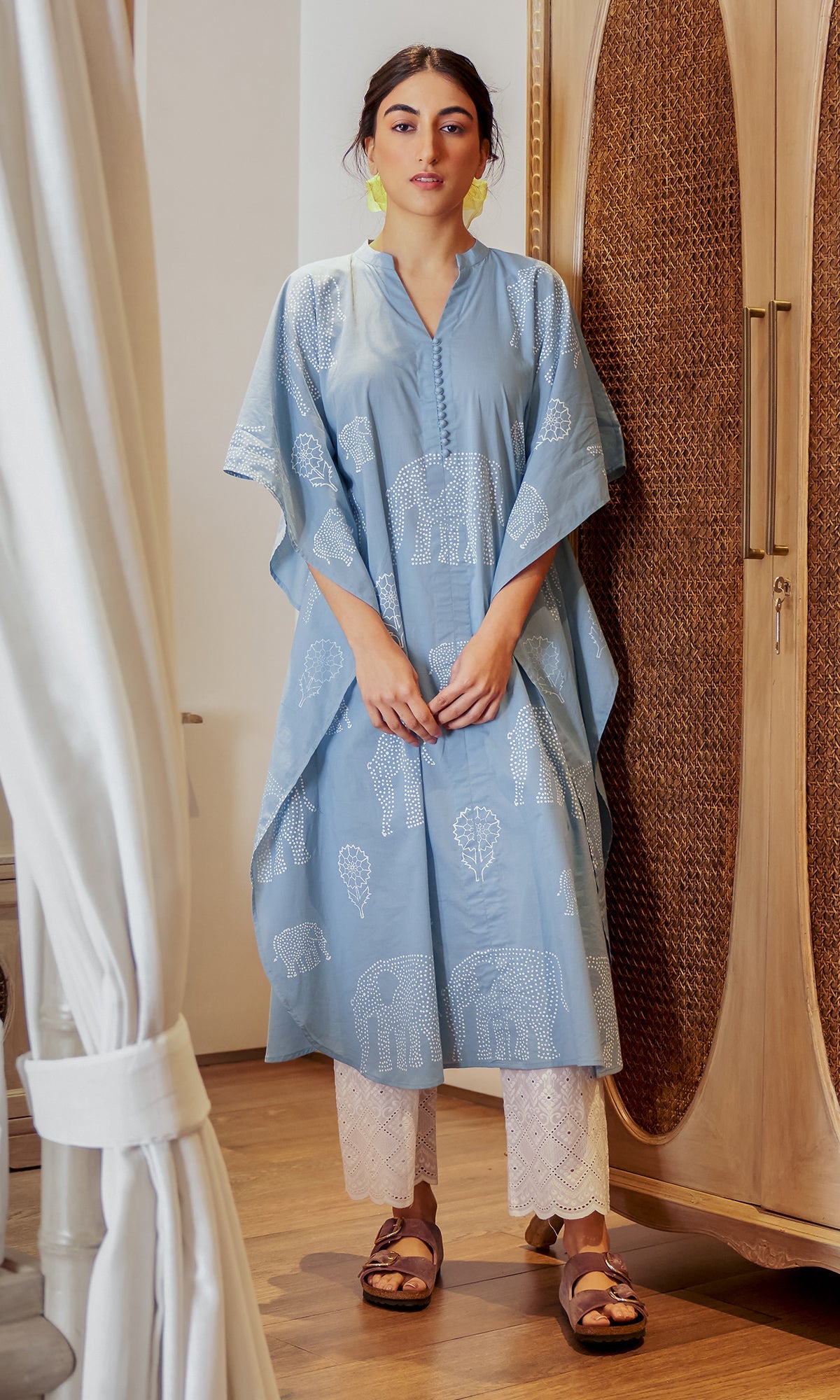DAISY 2 ELEPHANT POWDER BLUE PRINT KAFTAN WITH SCHIFFLI PALAZZO  - SET OF 2