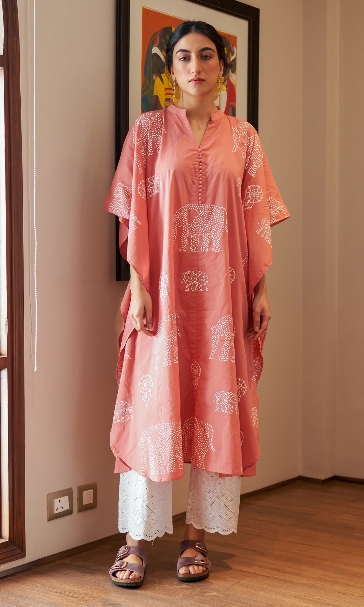 DAISY 2 ELEPHANT PINK PRINT KAFTAN WITH SCHIFFLI PALAZZO  - SET OF 2