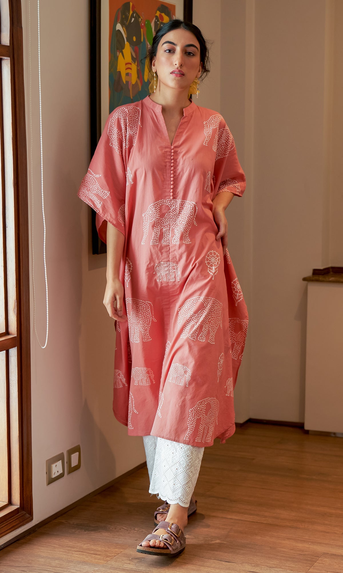 DAISY 2 ELEPHANT PINK PRINT KAFTAN WITH SCHIFFLI PALAZZO  - SET OF 2