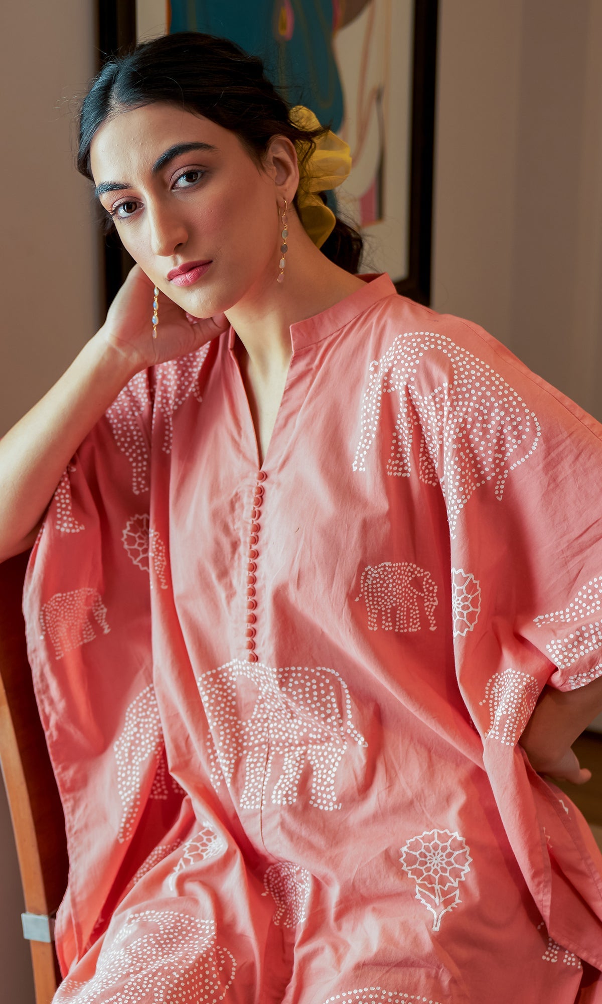 DAISY 2 ELEPHANT PINK PRINT KAFTAN WITH SCHIFFLI PALAZZO  - SET OF 2