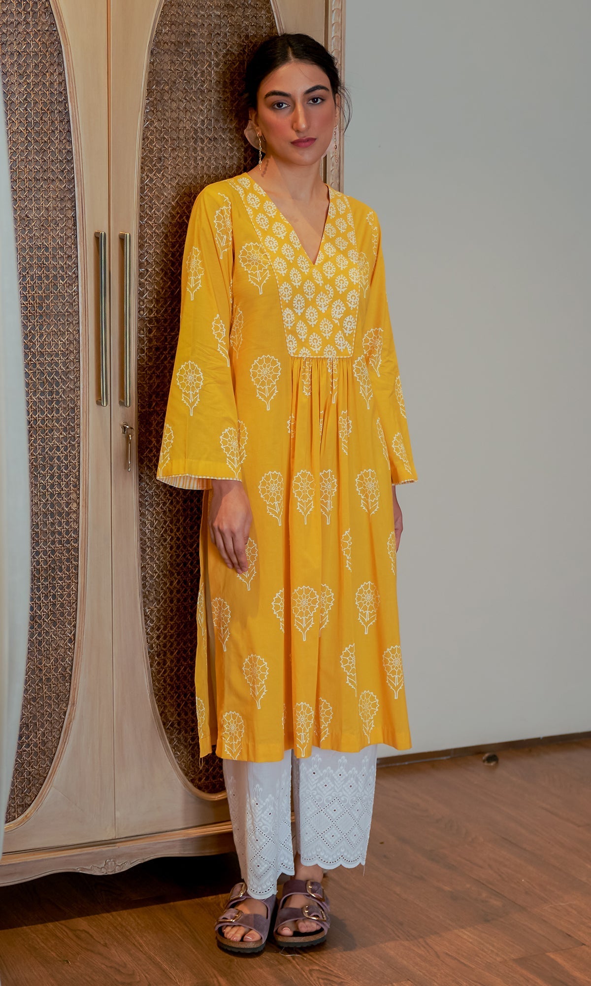 DAISY 2 MUSTARD YELLOW FLORAL PRINTED KURTA WITH PALAZZO - SET OF 2