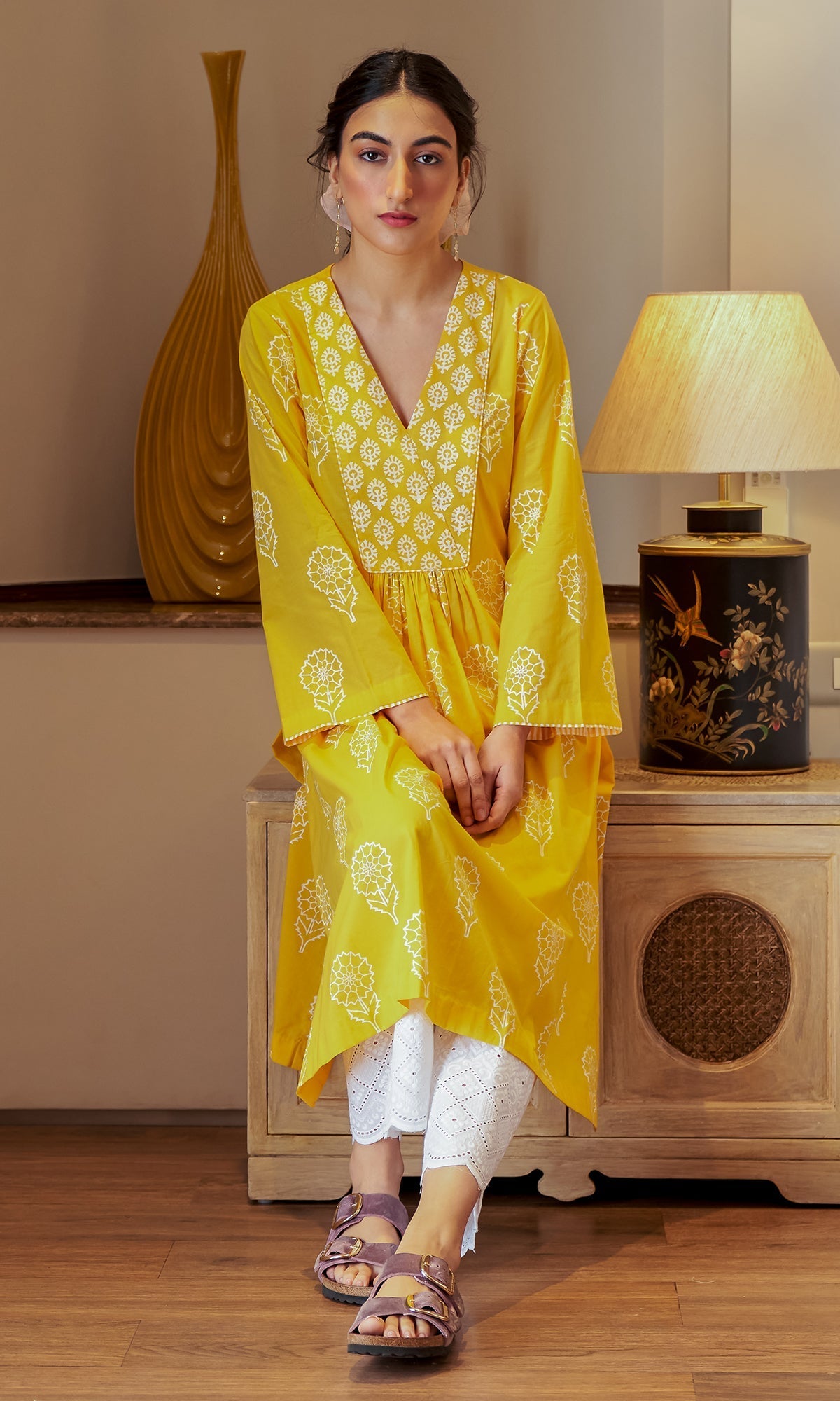 DAISY 2 MUSTARD YELLOW FLORAL PRINTED KURTA WITH PALAZZO - SET OF 2