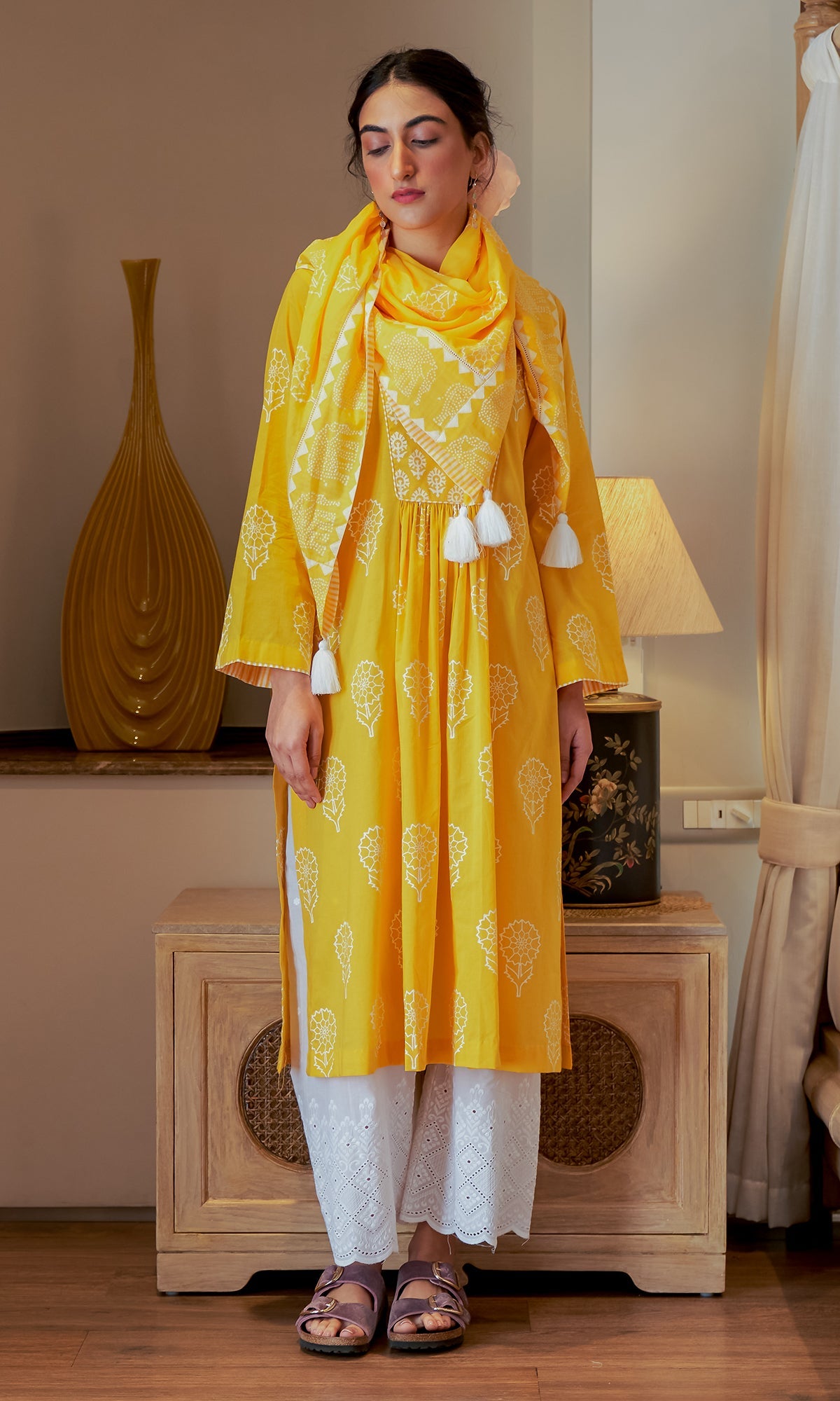 DAISY 2 MUSTARD YELLOW FLORAL PRINTED KURTA WITH PALAZZO AND SCARF- SET OF 3