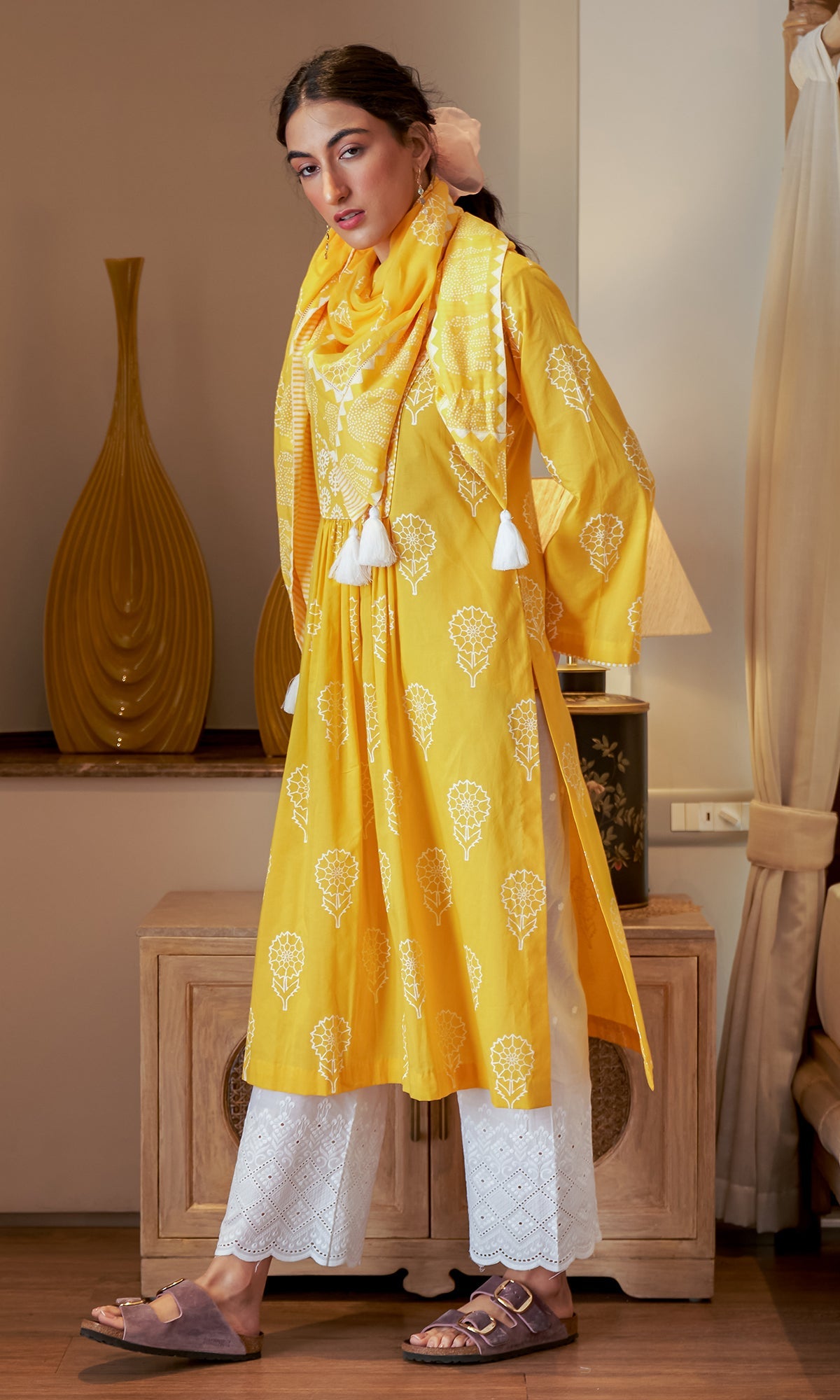 DAISY 2 MUSTARD YELLOW FLORAL PRINTED KURTA WITH PALAZZO AND SCARF- SET OF 3