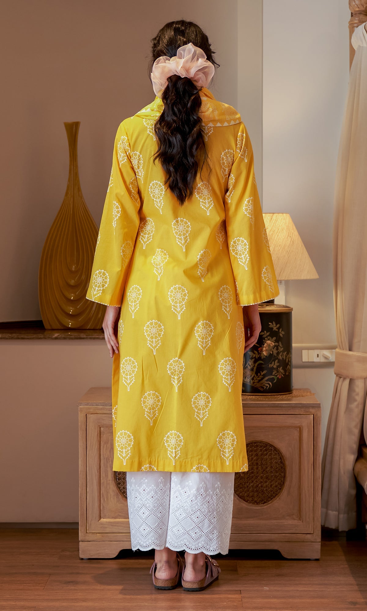 DAISY 2 MUSTARD YELLOW FLORAL PRINTED KURTA WITH PALAZZO AND SCARF- SET OF 3