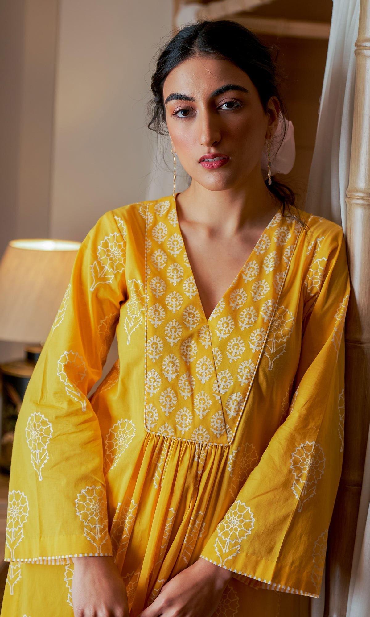 DAISY 2 MUSTARD YELLOW FLORAL PRINTED KURTA WITH PALAZZO - SET OF 2
