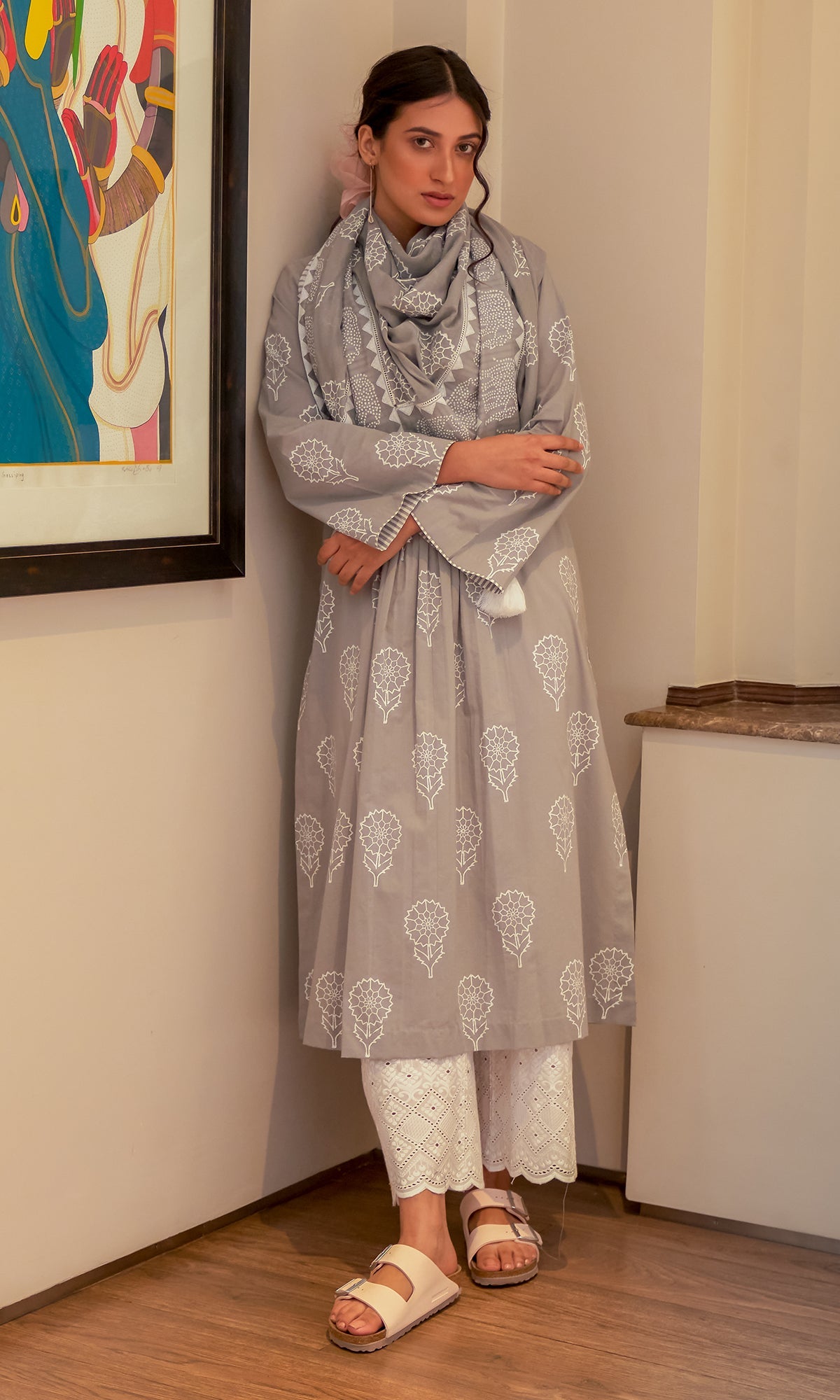 DAISY 2 GREY FLORAL PRINTED KURTA WITH PALAZZO AND SCARF- SET OF 3