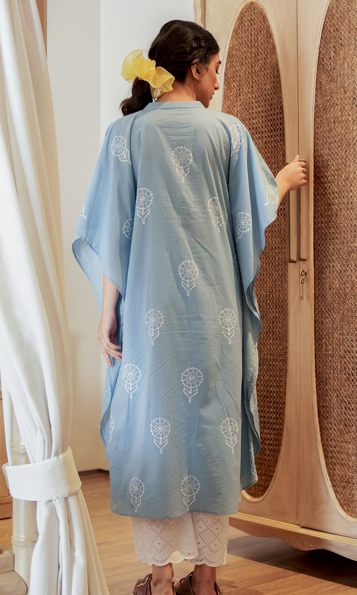 DAISY 2 ELEPHANT POWDER BLUE PRINT KAFTAN WITH SCHIFFLI PALAZZO  - SET OF 2
