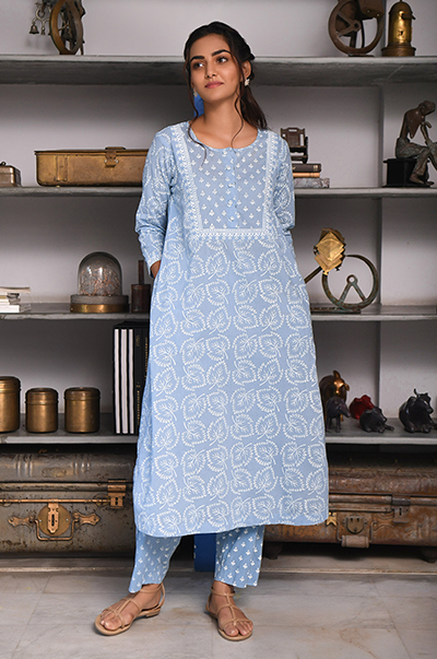 Ridhi Suri Feriha Blue Straight Kurta with Palazzo - Set of 2